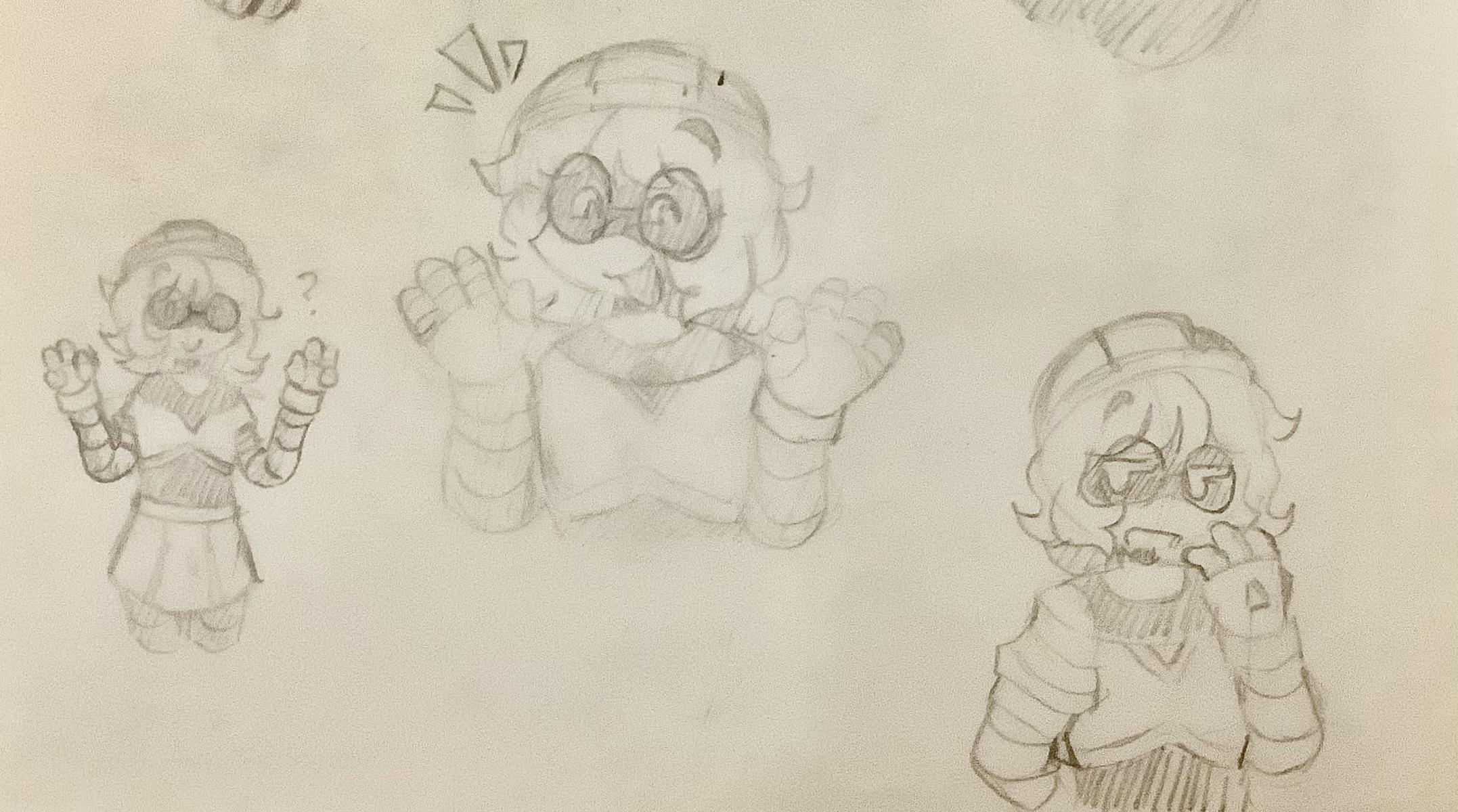 stel as a worker drone. she wears the generic worker drone girl outfit with a crop top, skirt, and helmet. on the left is stel doing double peace signs with a sort of stupid, empty smile, and a question mark next to her. in the middle is stel doing jazz hands with a cheerful smile. on the right is stel with one hand on her hip and one at her chin, with a sort of judgemental look.