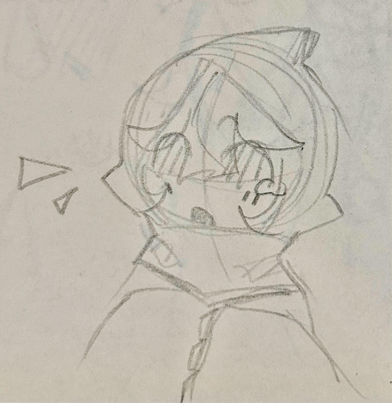 bust-up pencil sketch of starvie, an undertale OC. they're a mannequin made of fabric and cotton. they wear a cloak with a hood, and a comically large scarf. the ends of the scarf are held to their chest, akin to arms. they have an intrigued, surprised expression. their eyes are dark with no pupils, and a bit of cotton is visible in the corner of one. there's visible stitching on their face.