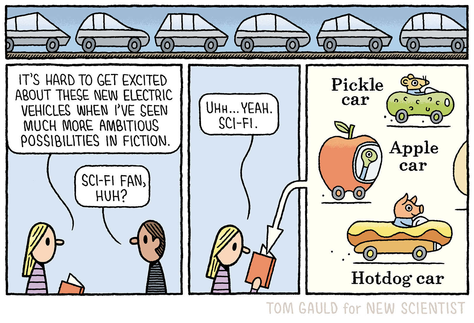 A comic about how ugly electric vehicles are when kids books had interesting cars in the shapes of food.