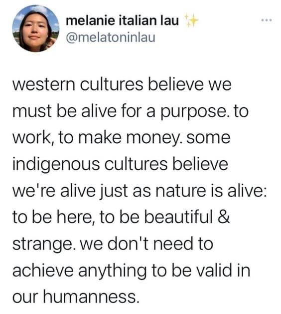 western cultures believe we must be alive for a purpose. to work, to make money. some indigenous cultures believe we're alive just as nature is alive: to be here, to be beautiful & strange. we don't need to achieve anything to be valid in our humanness. 