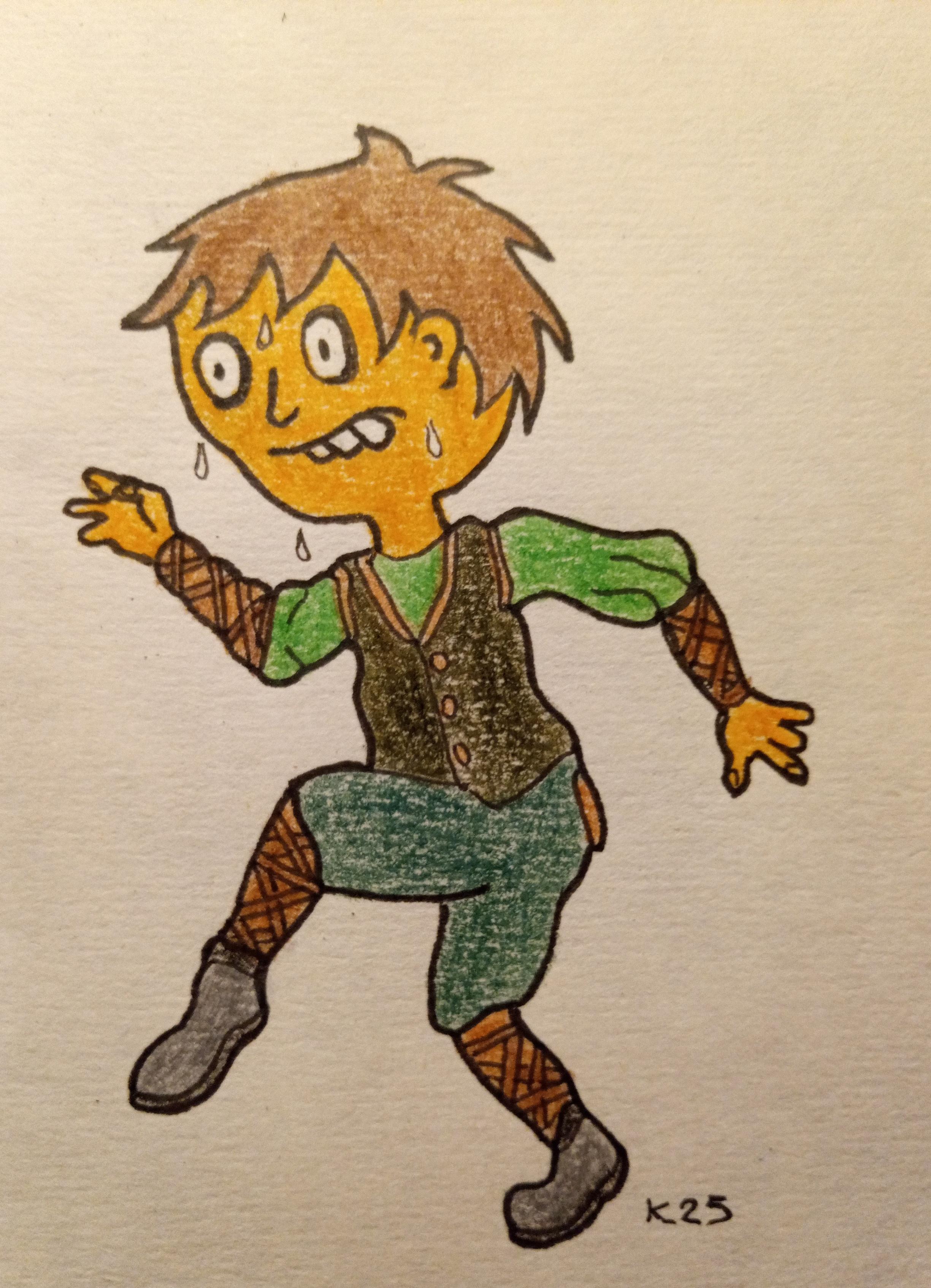 Cartoon figure walking on tiptoes in green and brown dungeons and dragons travelling clothes, with a face full of concentration and sweat coming off it.