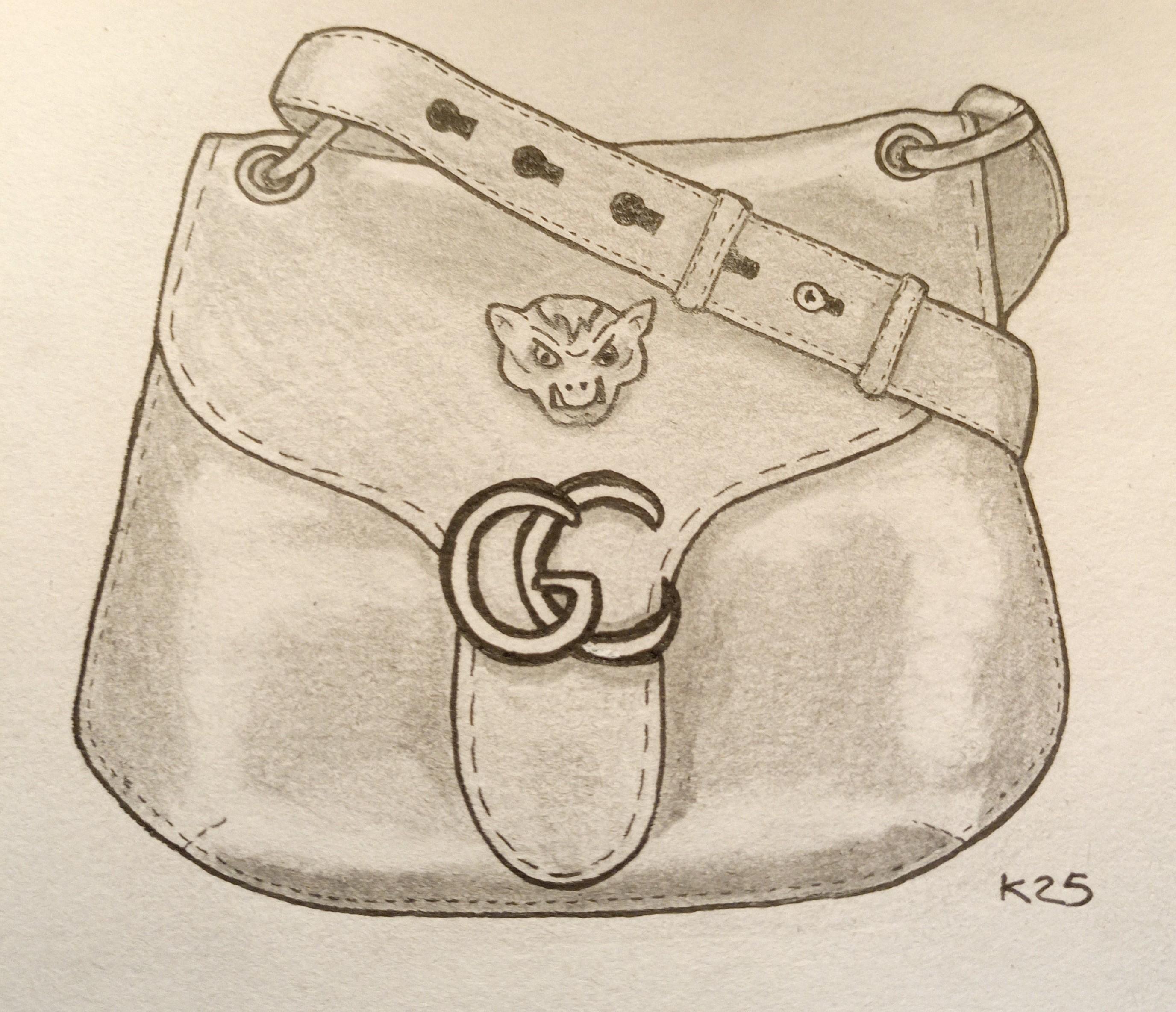 Pencil and ink drawing of a shoulder bag made of leather. It has a creature emblem on it and the letters G and C.