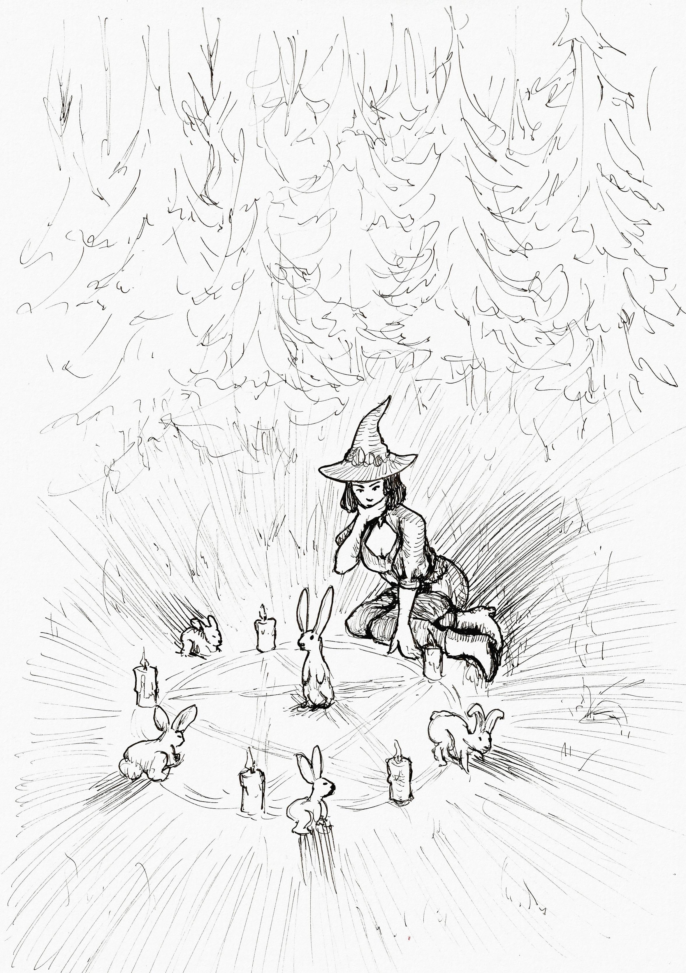 Ink drawing of a witch sitting next to a circle of candles that forms a pentagram. She's frowning with her hand on her chin while a bunch of rabbits hop around the circle.
