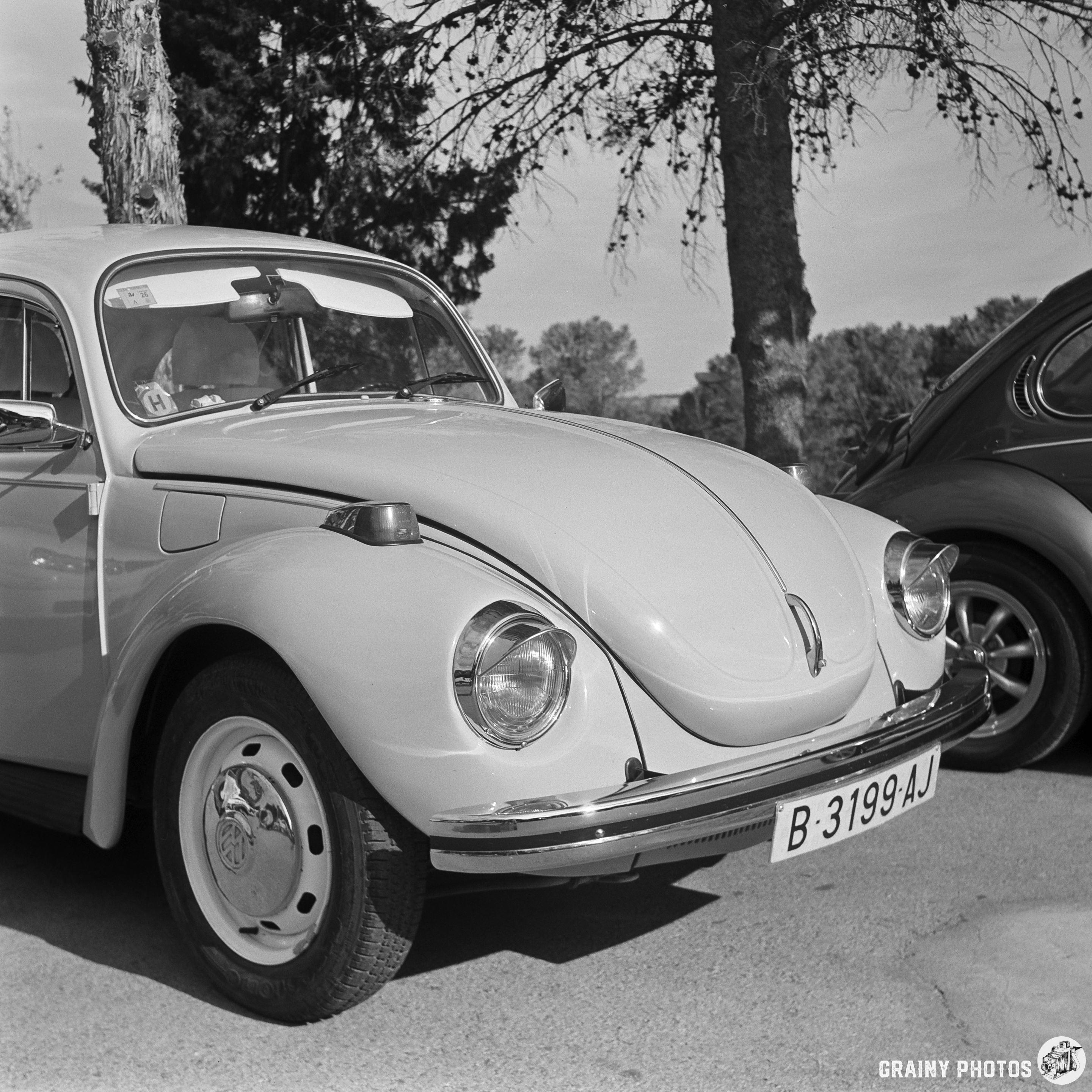 A vintage Volkswagen Beetle parked in a scenic outdoor setting, surrounded by trees, with a classic design and a license plate visible.