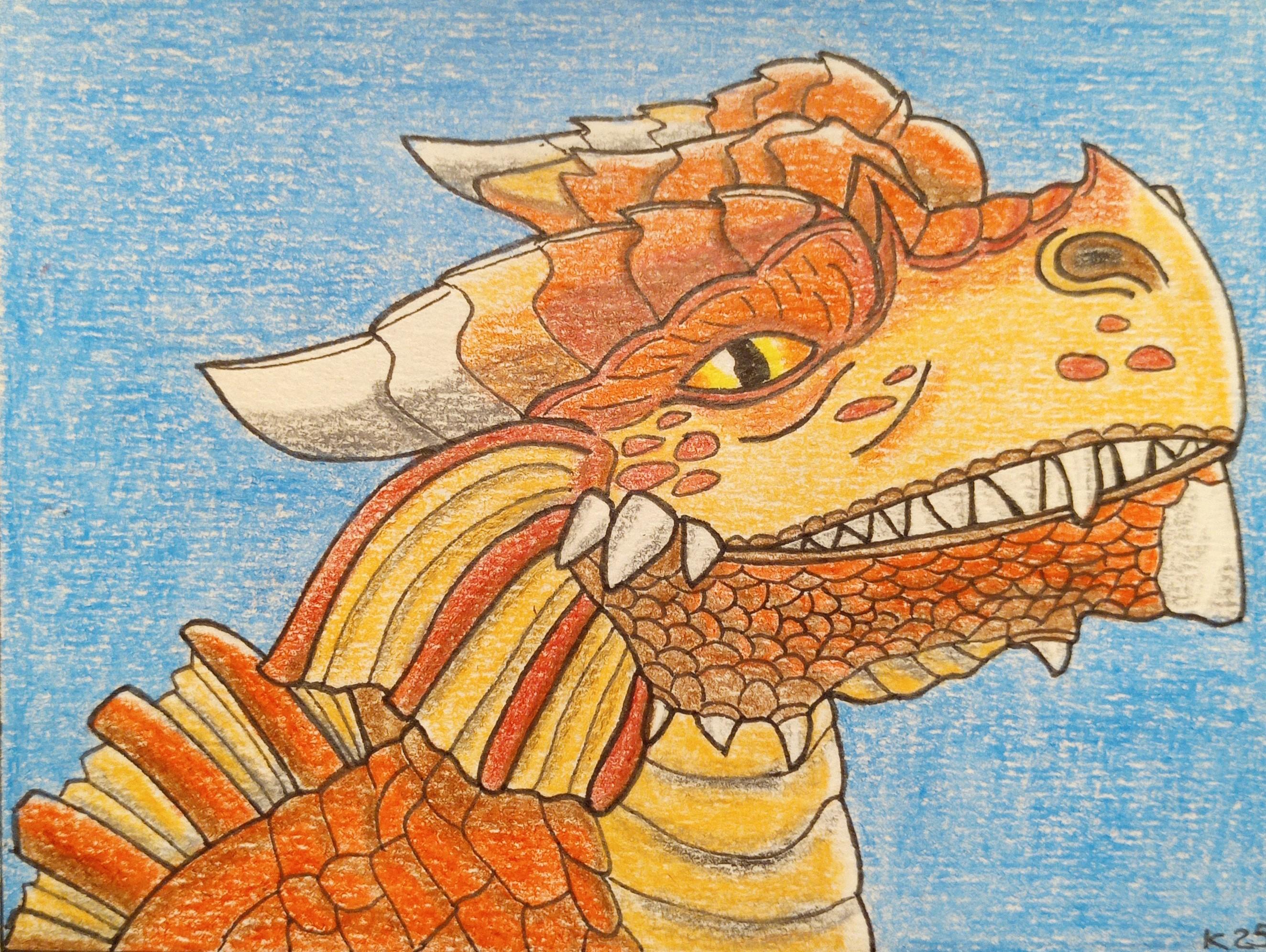A cartoon style drawing of the head and shoulders of a dragon looking side on at the viewer with a smug grin.