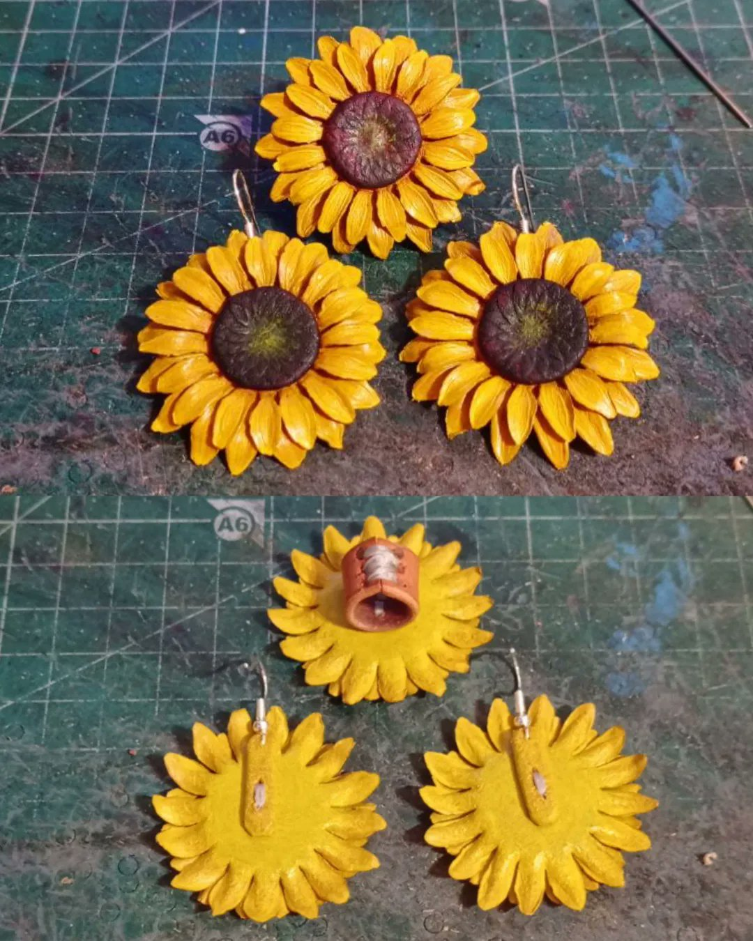 Two pics. The one above are three 4cm leather sunflowers, yellow and brown . The one below shows the back side of the sunflowers, the leather piece attached for the leather bead, and two small straps for the ear hangers