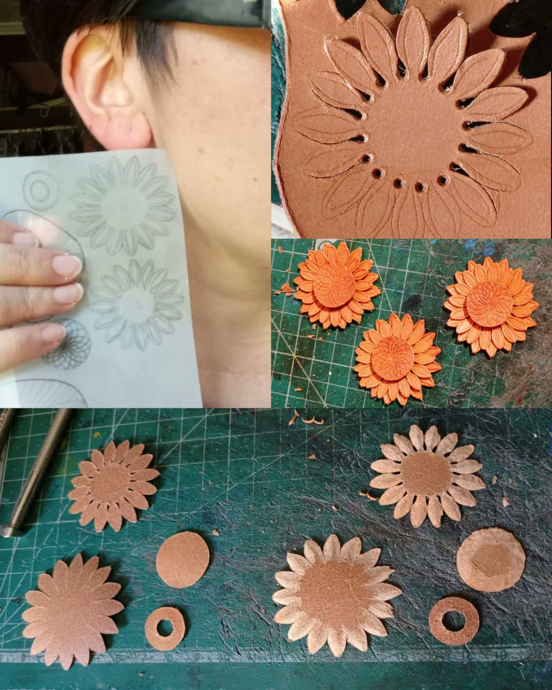 Four pics. The first is an ear selfie and a vegetal paper with the pattern draw to compare the size. The second is a piece of leather with the petals traced, a small hole between the beginning of each petal, and the superior half of the petals cut already. The third is the three sunflowers' pieces already cut. The four shows the backside of two flowers, one without the skived borders and one with them skived