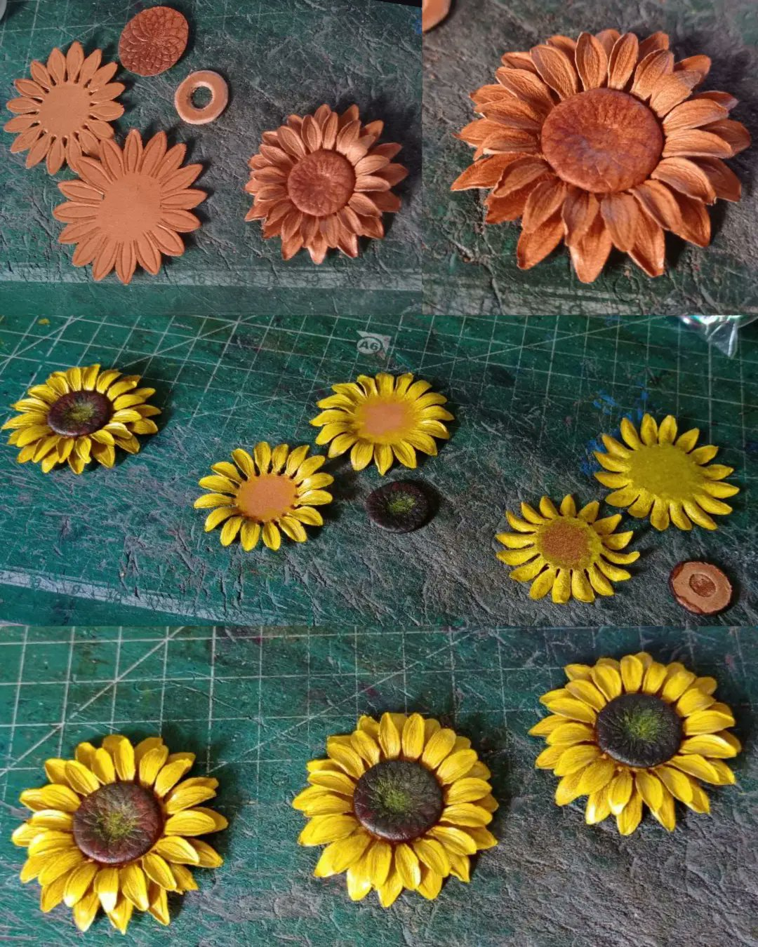 Four pics. The first shows the front side of two flowers, one flat and the other already moulded and shaped. The second is a detail pic of the moulded flower. The third are the three flowers painted, one assembled, one with the pieces separated and frontsided and the third separated and backsides. The fourth pic is with the three flowers assembled and painted