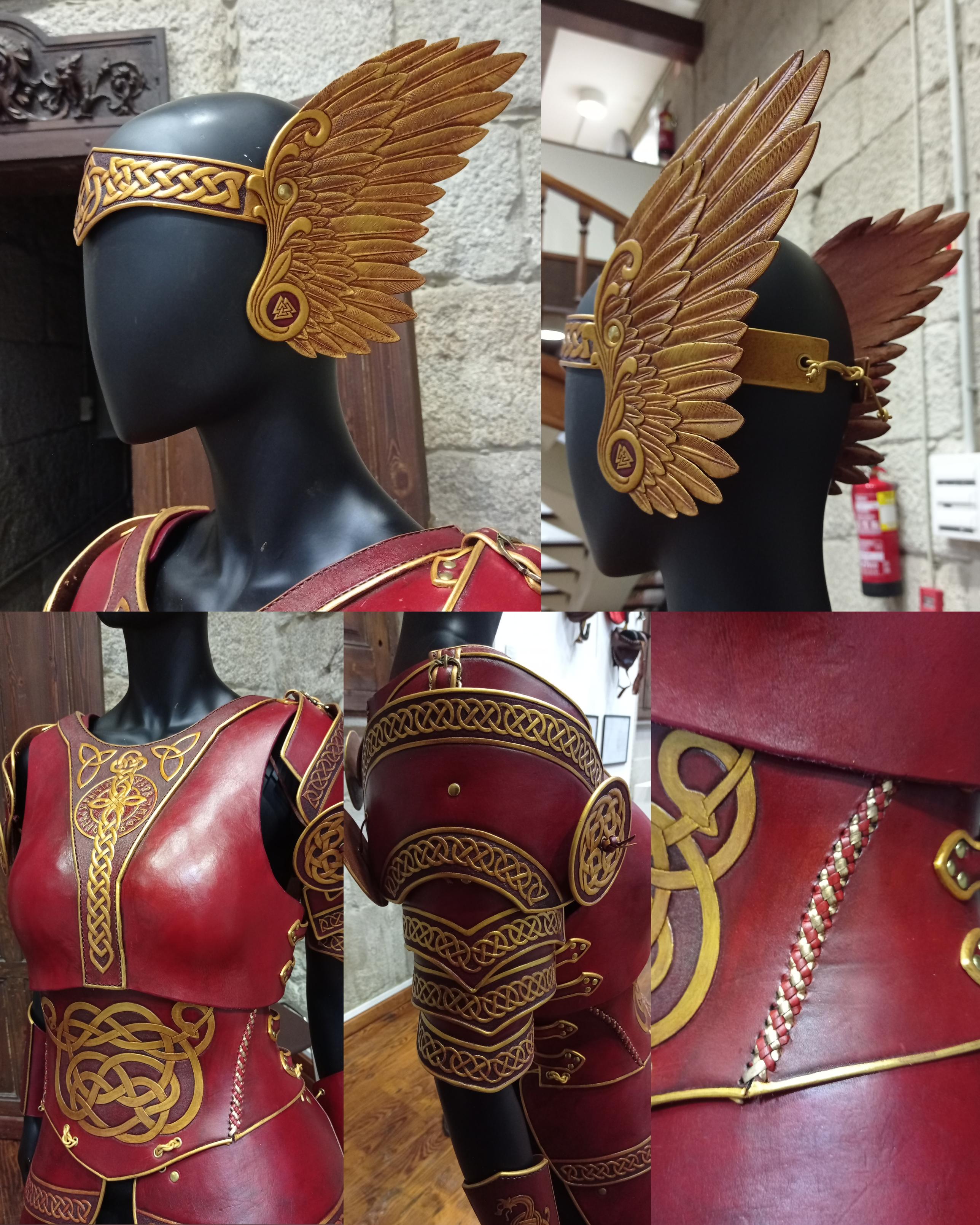 Collage of 5 very close detail pics of some pieces. The first two focused on the knot decorated tiara with the wings at the sides, single pieces of leather with each feather tooled and undercut and lifted individually, painted in aged golden. The front of the torso, with the breast moulded cuirass, the waist moulded corset and the tassets attached to the bottom of the corset by golden cord. A pic of one whole shoulder pad, 5 pieces overlapping with a chain of golden knots decorating the borders and a round piece both front and back of the shoulder. And the last is a very close pic of the braid lace stitching of the corset, intertwining golden and red leather lace