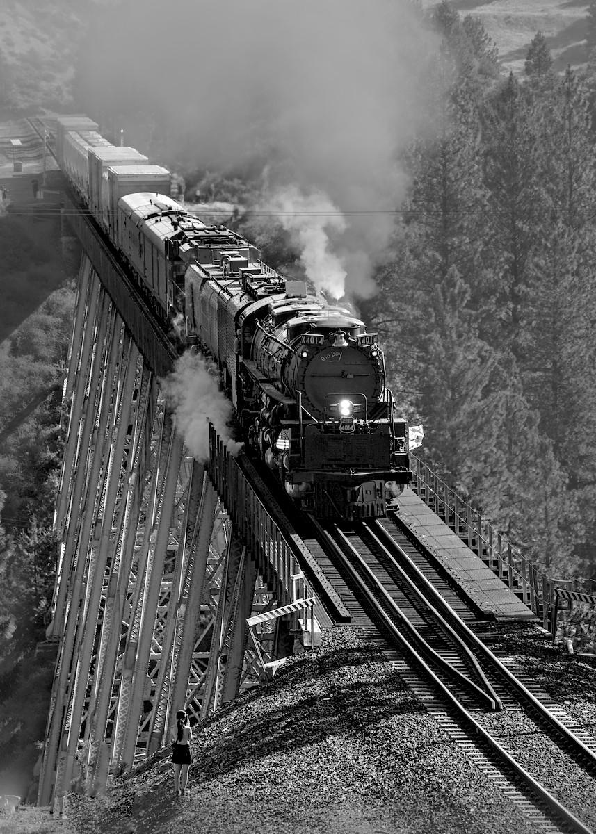 A black and white portrait photo of a large stream engine crossing a tall railroad trestle. The back ground is a deep ravine of forest covered slopes. The train is about to complete its crossing of the trestle. It is head toward the bottom right of the frame. It has two small headlights that are tuned on. Steam comes out from the lower right side of the train. Black smoke pours out over the top to the train. A young girl is in the bottom left taking a photo of the train as it exits the trestle.