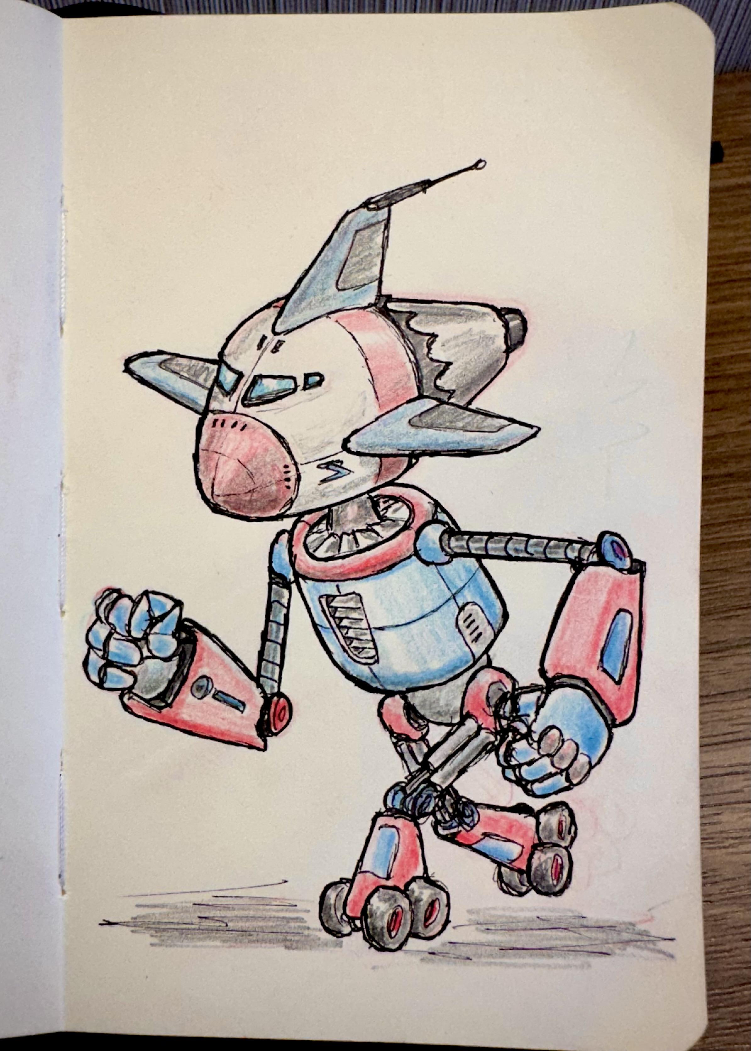Drawing of an airplane-headed robot, swiftly skating on landing-gear feet. 