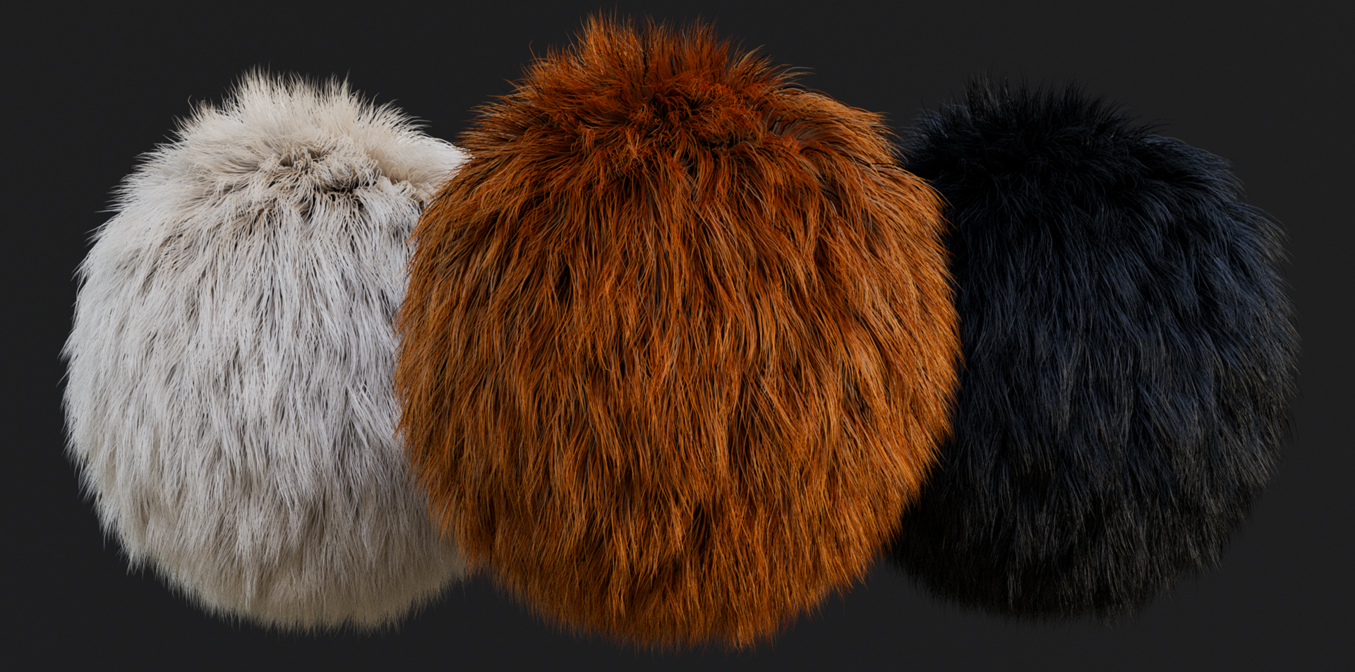 3d render of three material balls with hair. Left is white, middle is redbrown and the right is black.