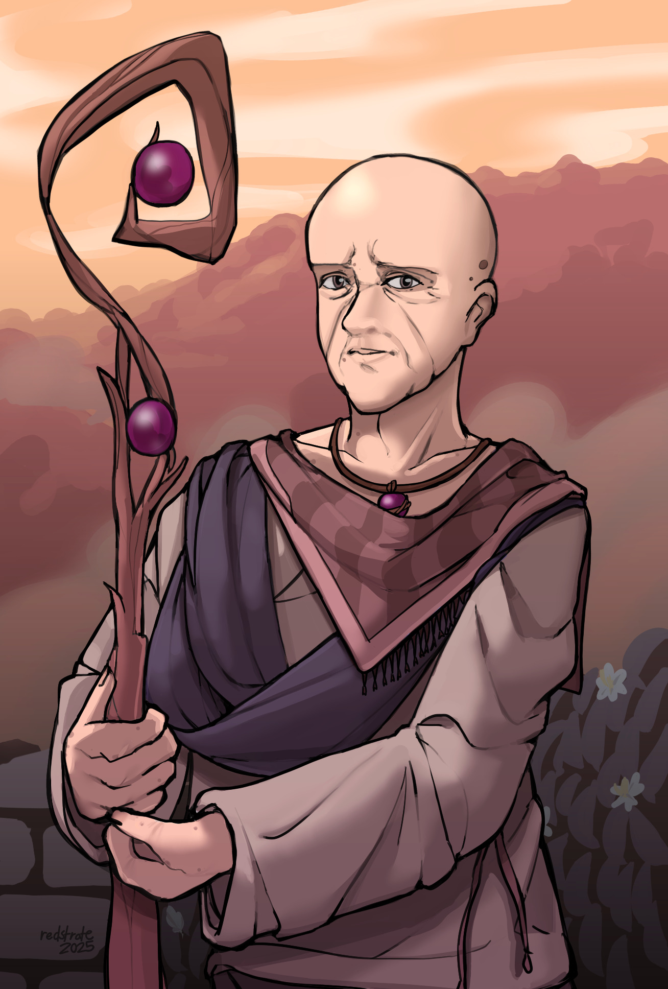 Painting of a old man with a cane, adorned with purple glass baubles. He is wearing a heavy robe, and the sun setting in the background.