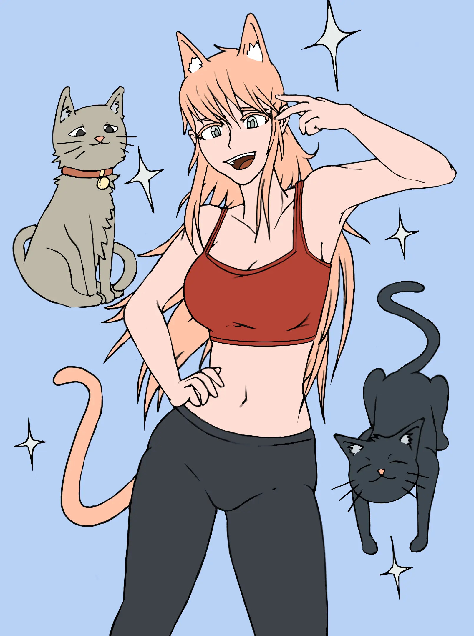 Drawing of a catgirl with blonde hair, and in a red & black cropped fitness getup. She is doing a weird sideways peace sign while looking excited about something. There is a gray and black cat to the side of her.
