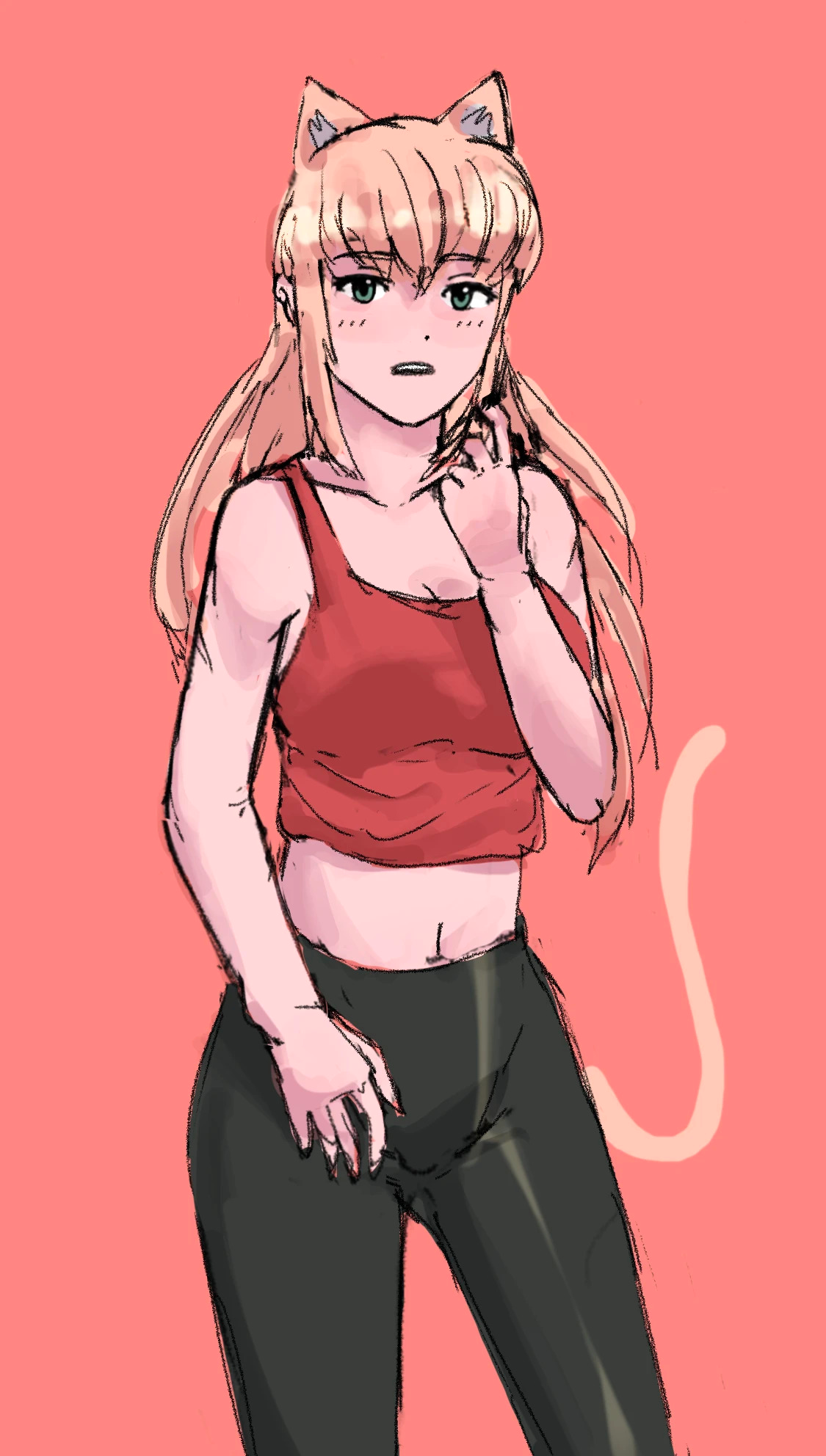 Sakura is surprised by your presence, messing with her hair. She is on top of a bright pinkish-red background.