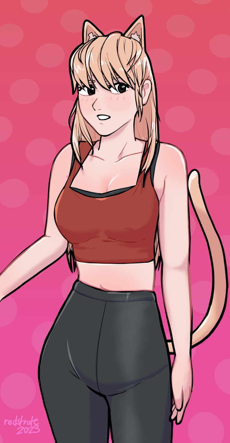 Drawing of a cat girl, with blonde hair and dark eyes. She's wearing a small red top, and some black leggings. She's put on top of a purplish-red background with white accents, and blushing a bit.