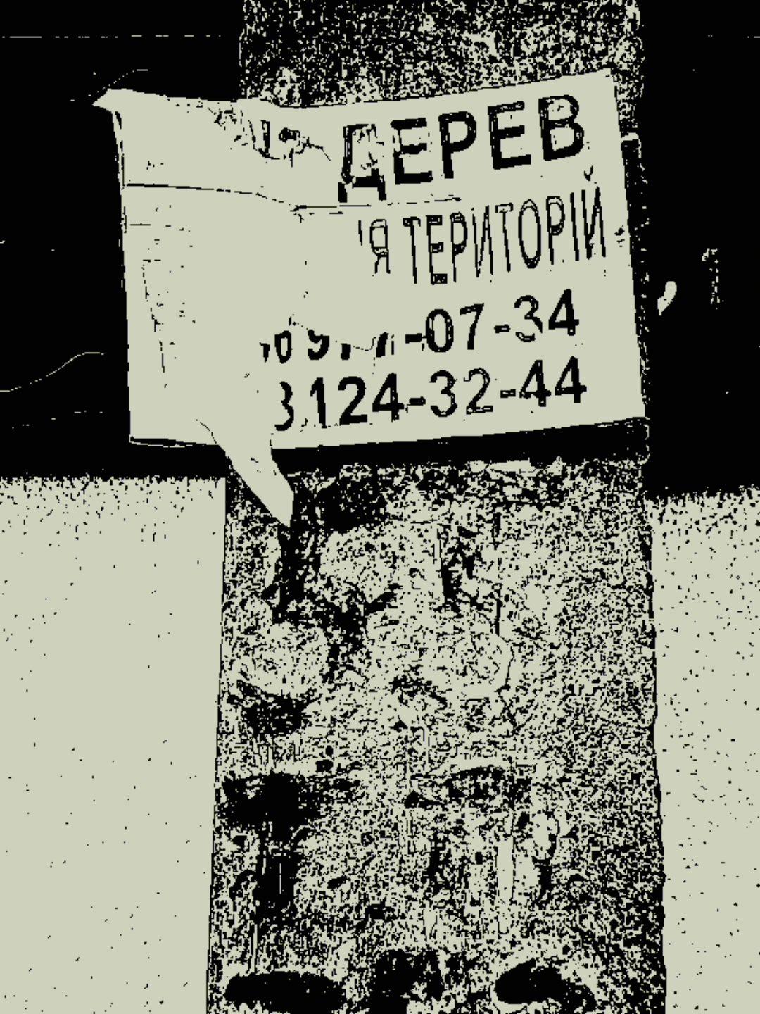 A crumpled advertisement for firewood is taped to a weathered concrete pole. The paper is wrinkled and damaged, with phone numbers partly obscured. The background dissolves into abstract shapes due to the extreme contrast and digital noise.