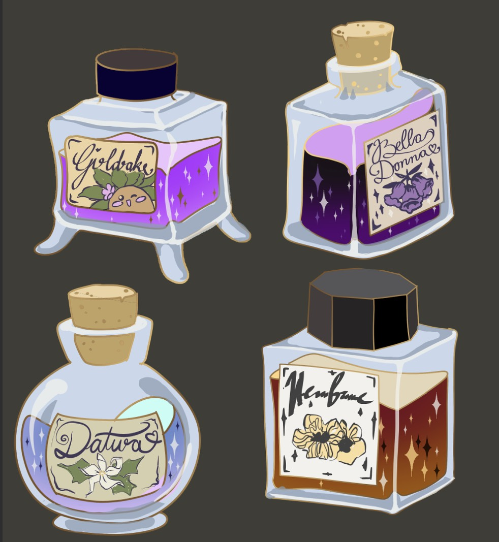 Sketches of four ink bottles, each named after a nightshade plant: Top left is a rectangular bottle with four legs, light purple ink labelled "Girldrake" (reference to Mandrake) and shows a stylized mandrake on the label. Top right is dark purple ink in a rectangular bottle labelled "Bella Donna" (deadly nightshade/belladonna atropa), bottom left is a round ink bottle and it says Datura (Datura stramonium) with bright pastel blue/purple ink, bottom right is a square bottle filled with a deep orange ink labeled Henbane (Hyoscyamus niger)