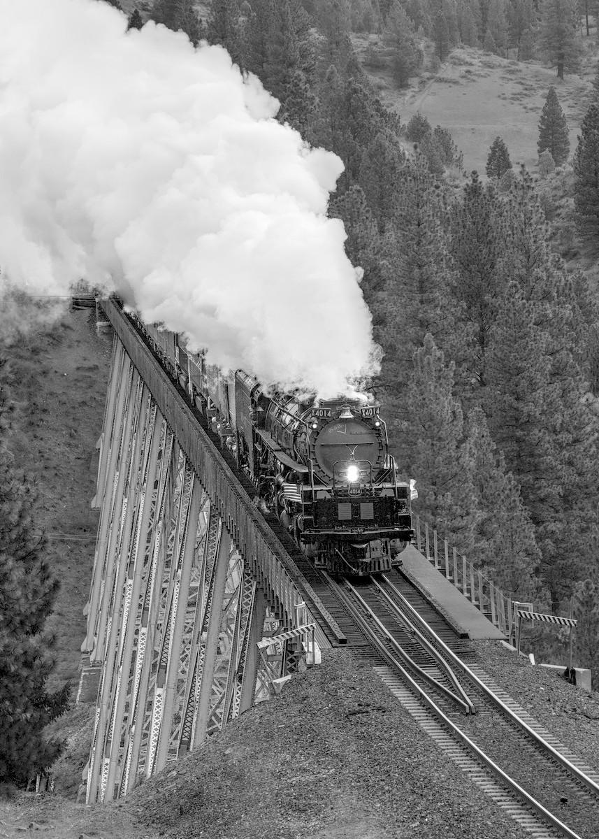 A black and white portrait photo of a very large steam engine crossing a tall trestle over a narrow canyon in a conifer forest. The engine is coming toward the lower right of the frame an is about to exit the trestle. The two headlights are on and a US flag flutters on the right side of the engine and a California flag on the left side. Yellow cars are barely seen being pulled by the engine but are mostly obscured by the large billows of steam coming from the engine.