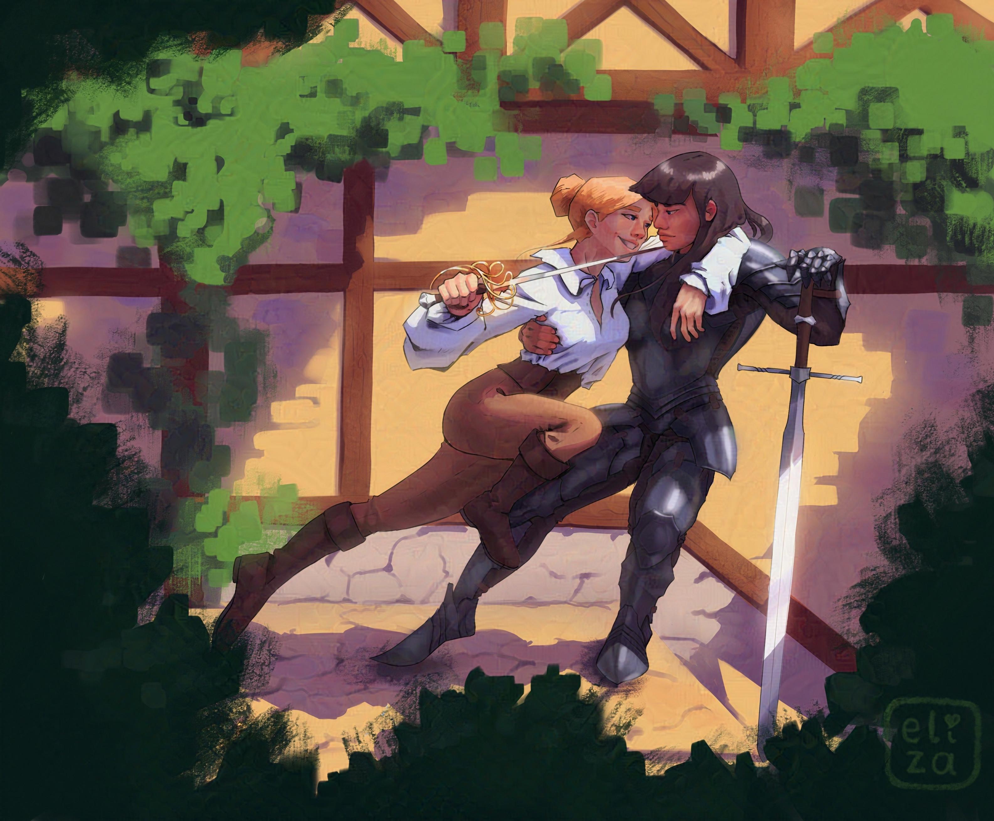 My OCs being a typical lesbian couple. 
Miho has her arm swung around Cels neck as she's jumping into Cel with a Sword pointed at Cel's neck. Cel is catching her with her hand resting on a Zweihänder . They're both smiling. Miho is wearing a shirt with puffy sleeves, leather pants and boots. Cel is wearing a black armor.