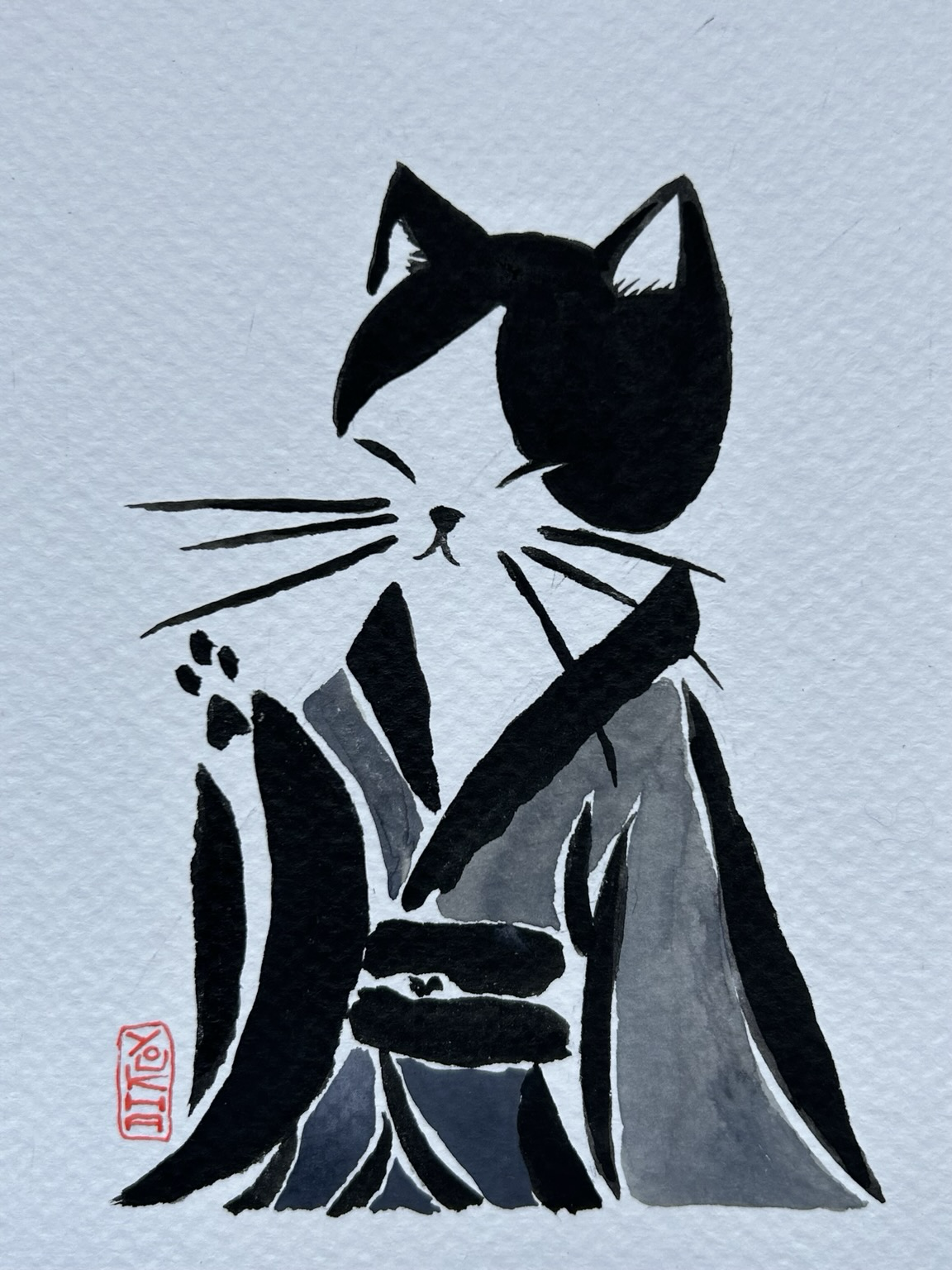 Watercolor black and grey illustration of a cat wearing a kimono