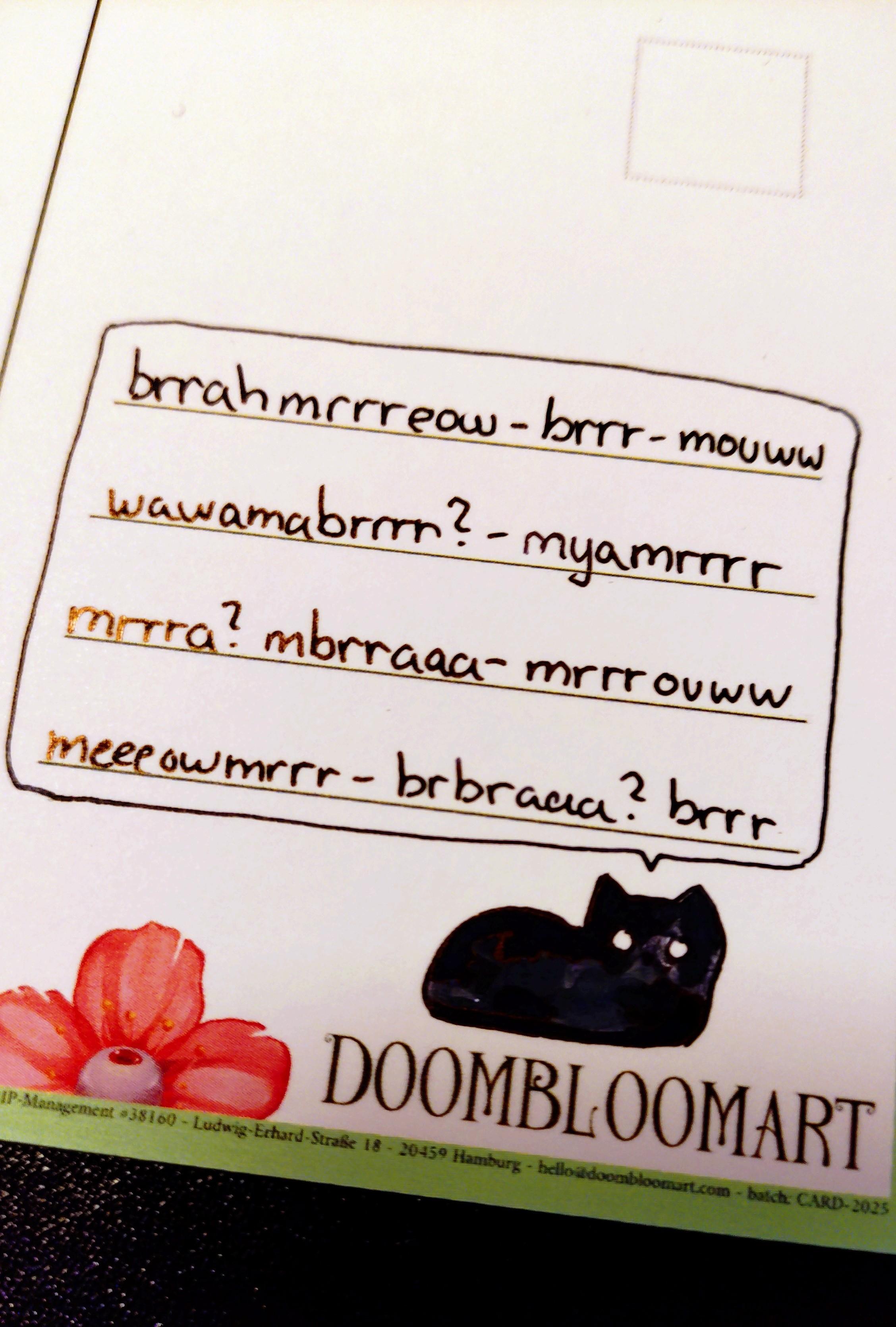 Postcard back with a doodle of a black cat, big speech bubble filled with cat noise gibberish sounds like brrrraaaa and mrrrrow