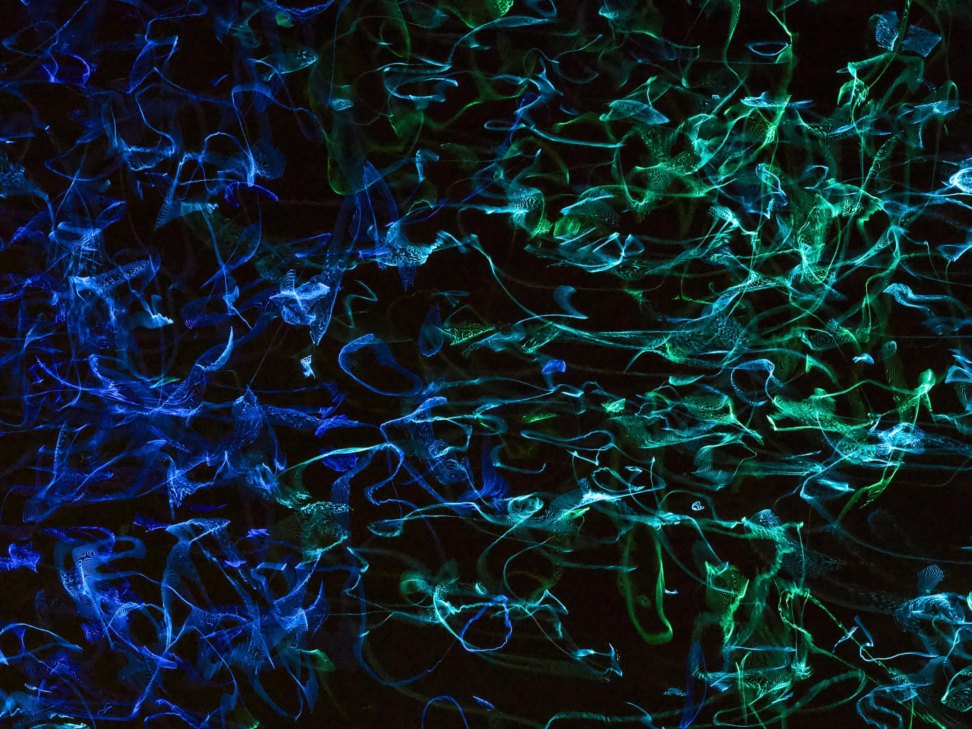 Abstract image showing the reflections of blue and green neon lights on the surface of the River Clyde at night, where a 1-second exposure and intentional camera movement has created abstract patterns.