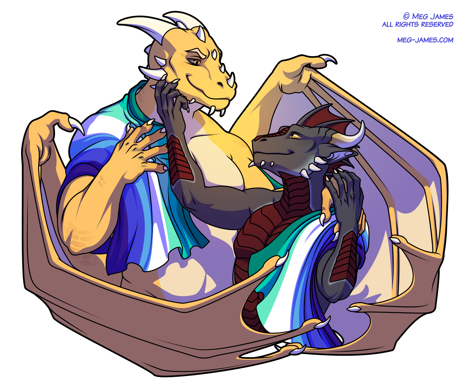 Half body drawing of two anthro dragons with the green-and-blue gay men's pride flag wrapped around their shoulders. Valeryn, the large gold-scaled dragon on the left, has his wings around Rhor, the gray-and-red dragon on the right, as well as his hand around Rhor's shoulder. Rhor has one of his hands on Valeryn's, with the other reaching up to stroke Valeryn's cheek affectionately.