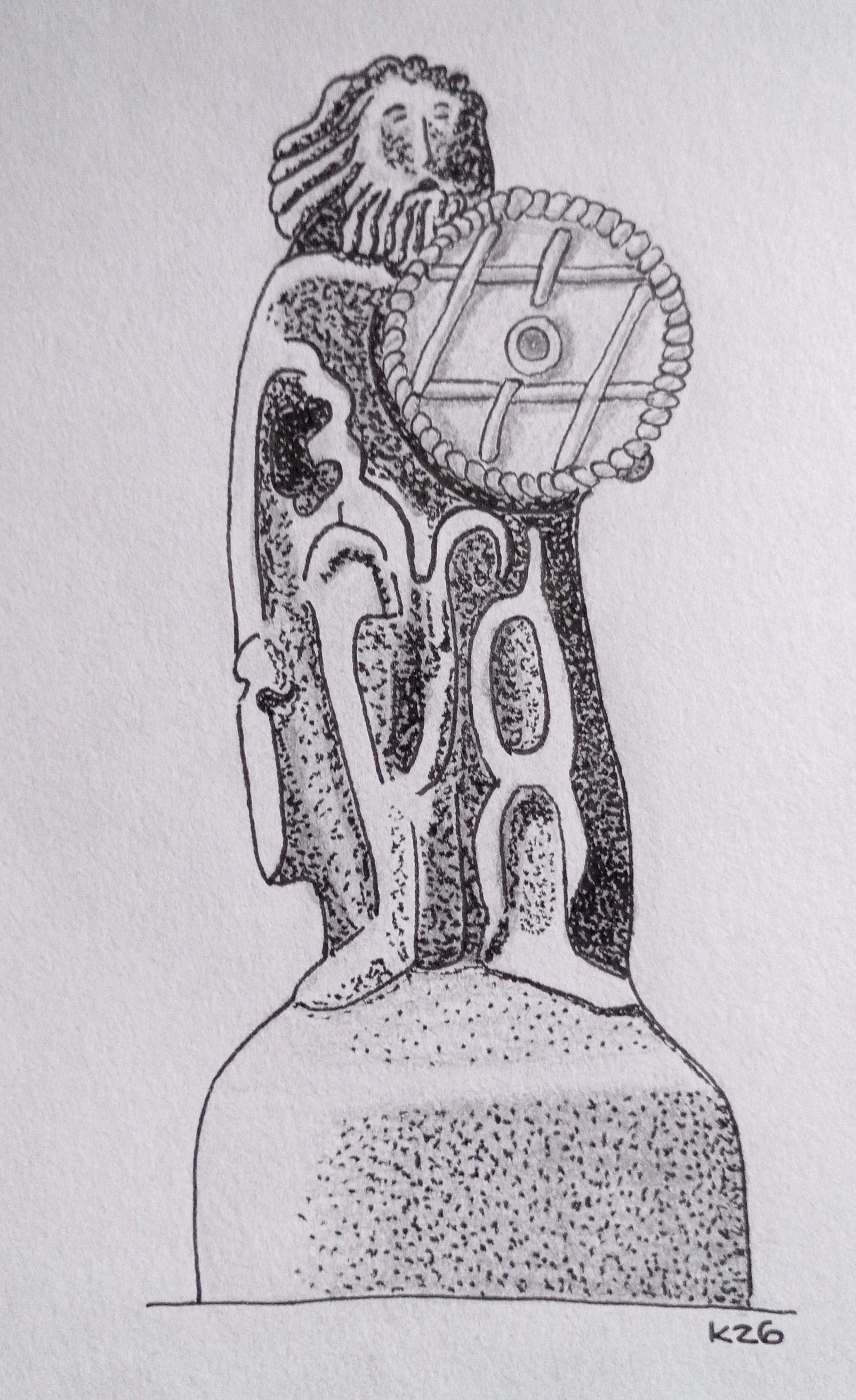 Monochrome cartoon drawing of a statue of a man standing on a low pedestal. He's cloaked and bearded and is holding a large circular empanada, a pasty, as a shield.