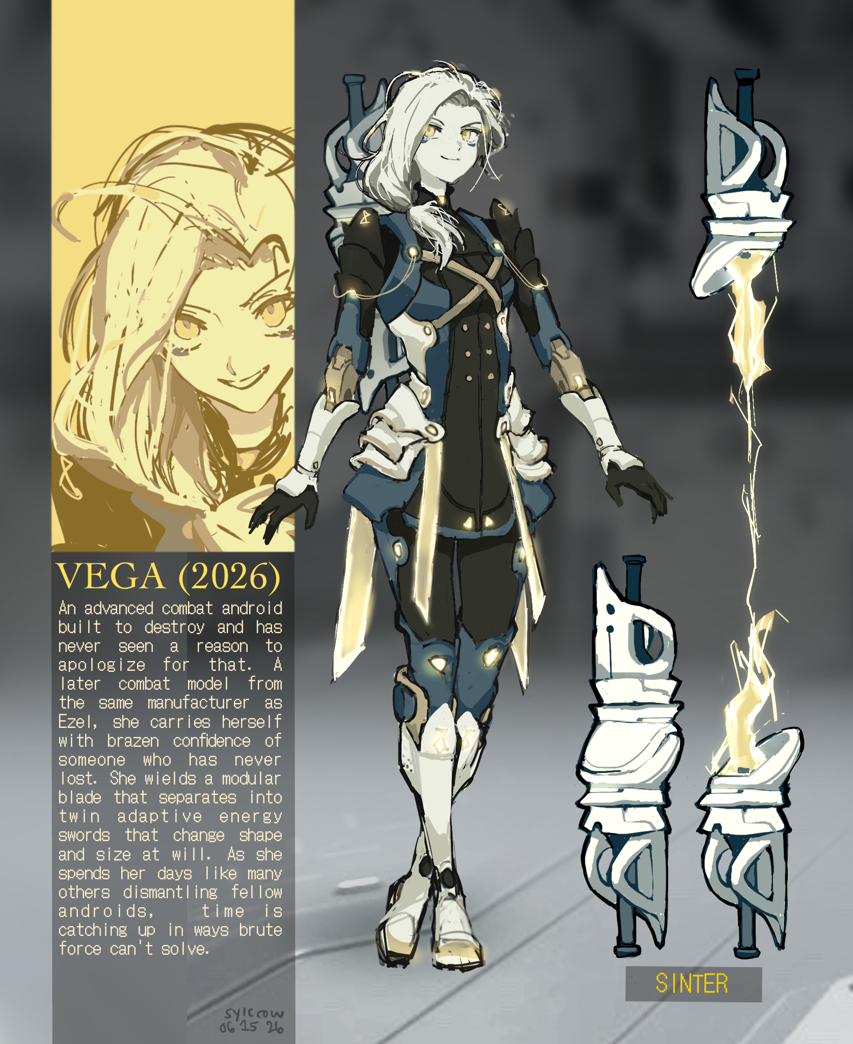 character design of an android with a side ponytail, her weapon which can separate into two, a column showing her portrait and a short description of the character, Vega