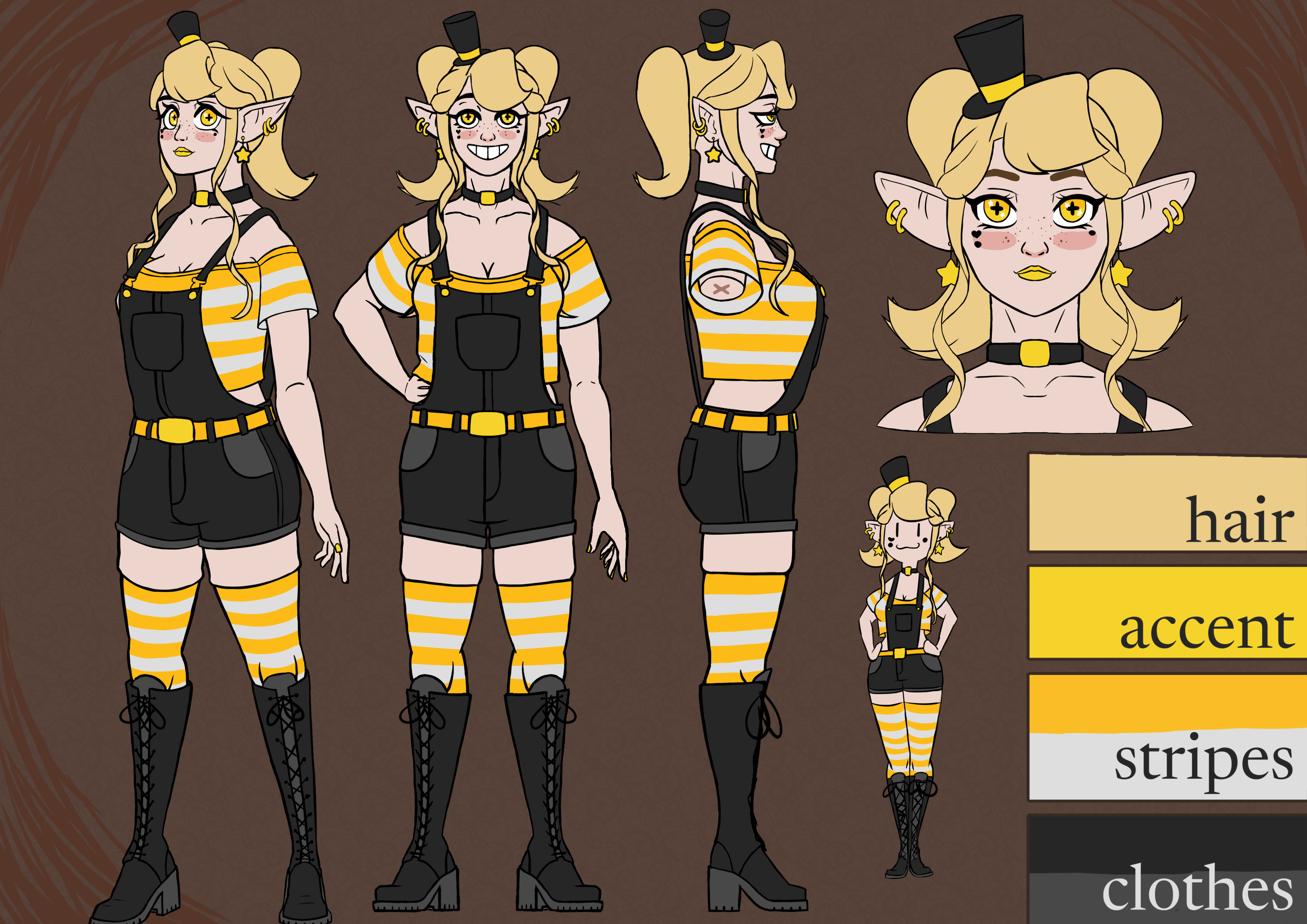 A reference sheet of a blonde elf girl wearing a mini top hat, overalls, and tall boots