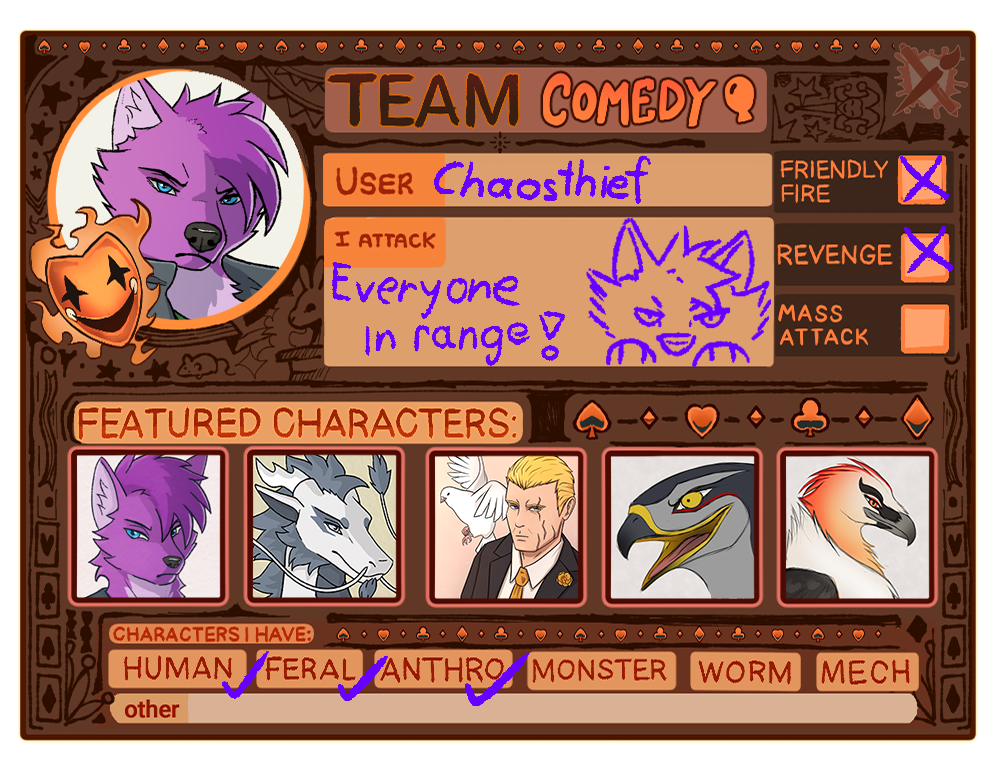 Artfight 2026 card featuring my characters for team comedy. I do friendly fire and revenge attacks. I have human, feral and anthro characters.