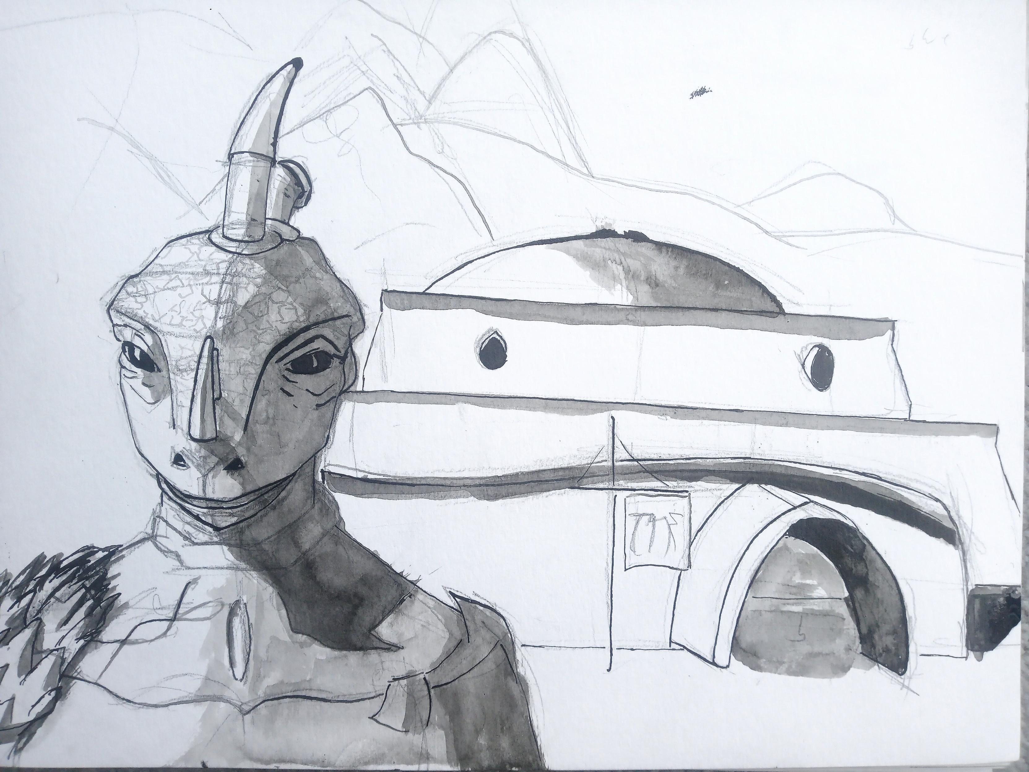 greyscale ink drawing of head of an argonian, a lizard-like humanoid with horns, standing  in front of a temple building and hills