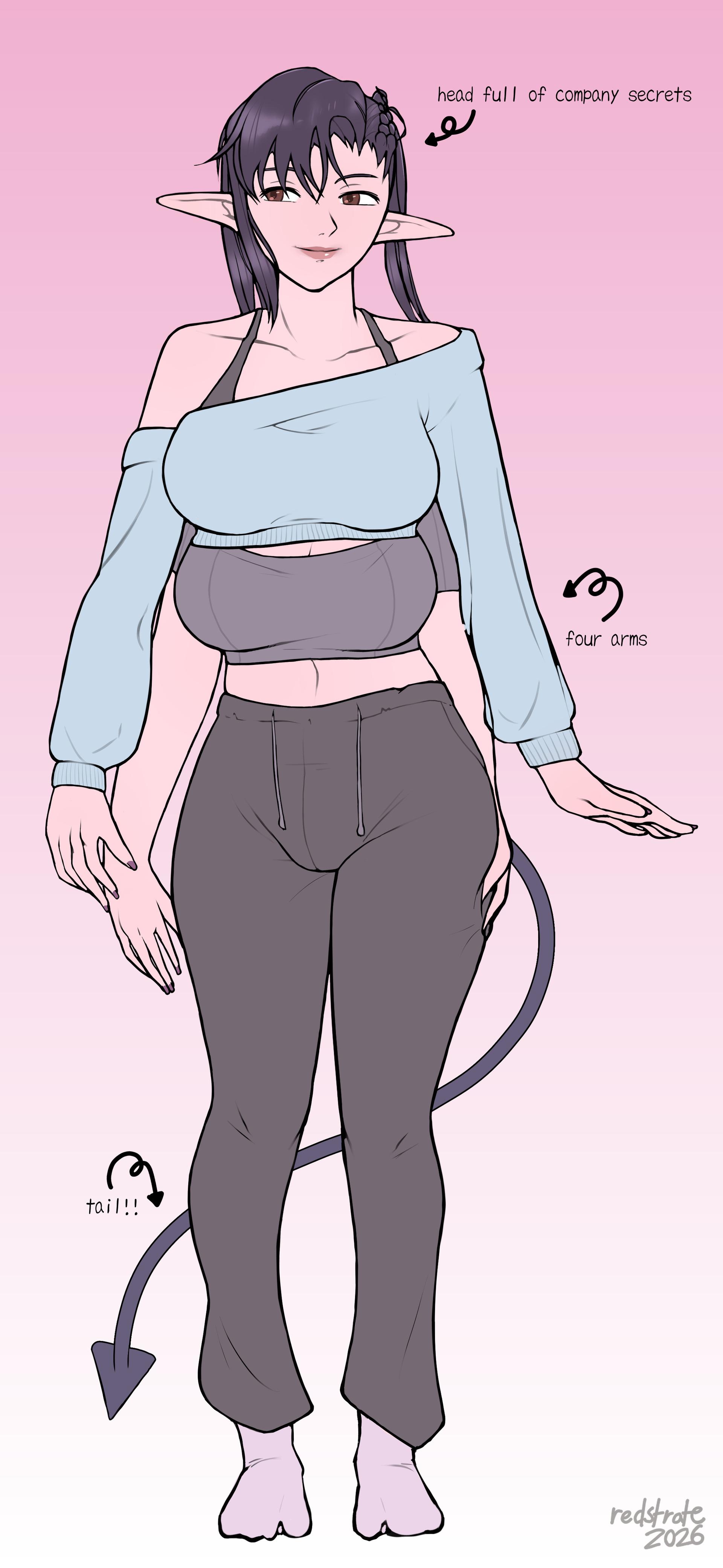 Reference drawing of a female-presenting succubus with medium-length black hair, tied up on one side. They have long ears, red eyes, four arms and wearing a confusing but cute blue cropped sweater and dark undershirt. Completing the outfit, sweat pants and socks. Three arrows denote a "head full of company secrets", "four arms" and "tail!!"
