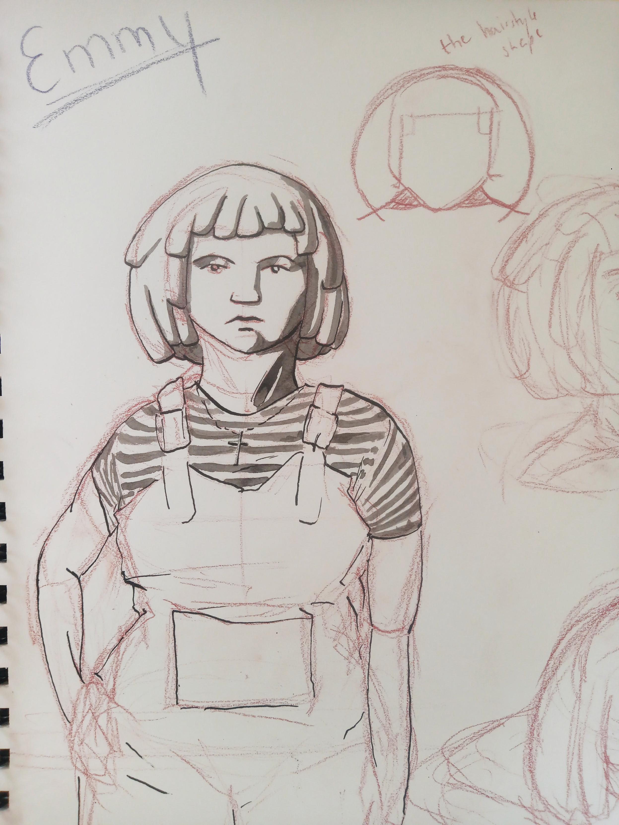 Part of unfinished drawing, character standing from the front, young women with overalls, a striped T-shirt and bob length hair partially inked in black outline and grey fill.  Sketches of other heads and views partially seen.  Page titled "Emmy"