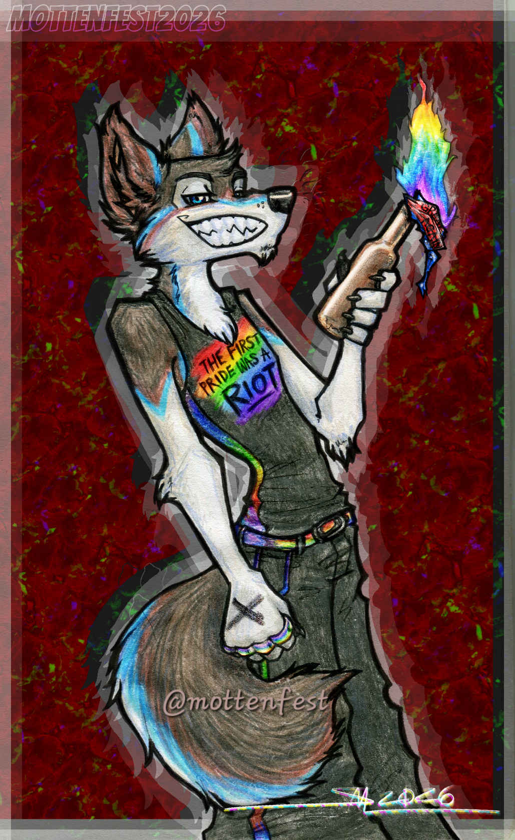A color pencel drawing of a male anthropomorphic coyote character wearing a rainbow tank top with the text "The First Pride Was a Riot". 

He has a wide cheeky grin, and he's holding a Molotov cocktail with rainbow flames. The burning rag has text reading "GREAT AGAIN" partially visible. The mood is that of roguish Pride.

 The background features a colorful abstract pattern in dark reds and greys.