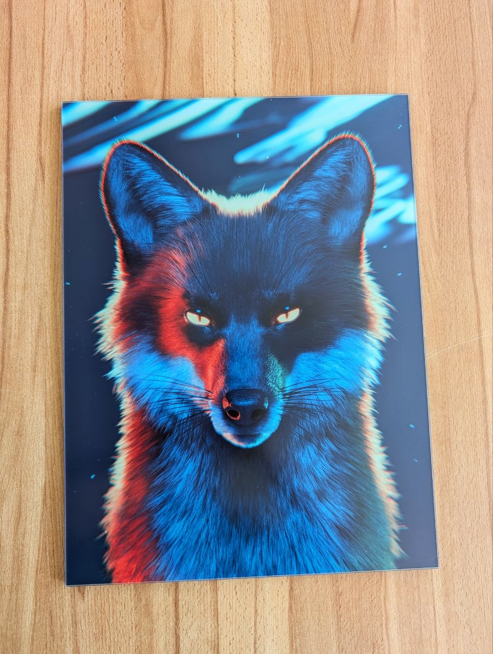 A gallery print of a 3D artwork made in Blender. It features a fox looking straight at the viewer. The overall colours are dark but with vibrant highlights.