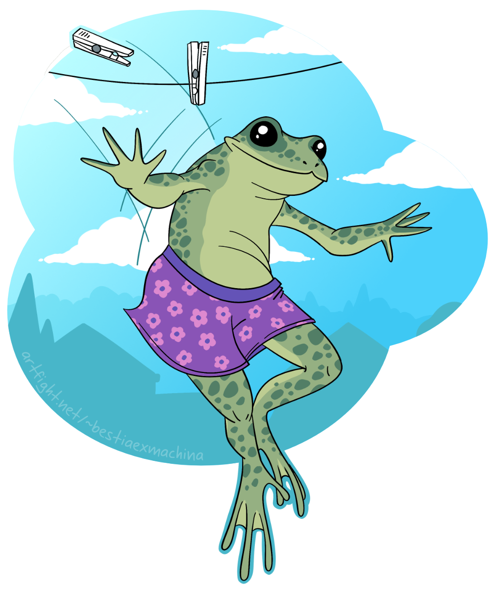 Digital drawing of a smiling frog mid-jump into a pair of knickers that were just hanging on a clothesline. The sky is nice and blue with a handful of clouds and there's a small town silhouette in the background.