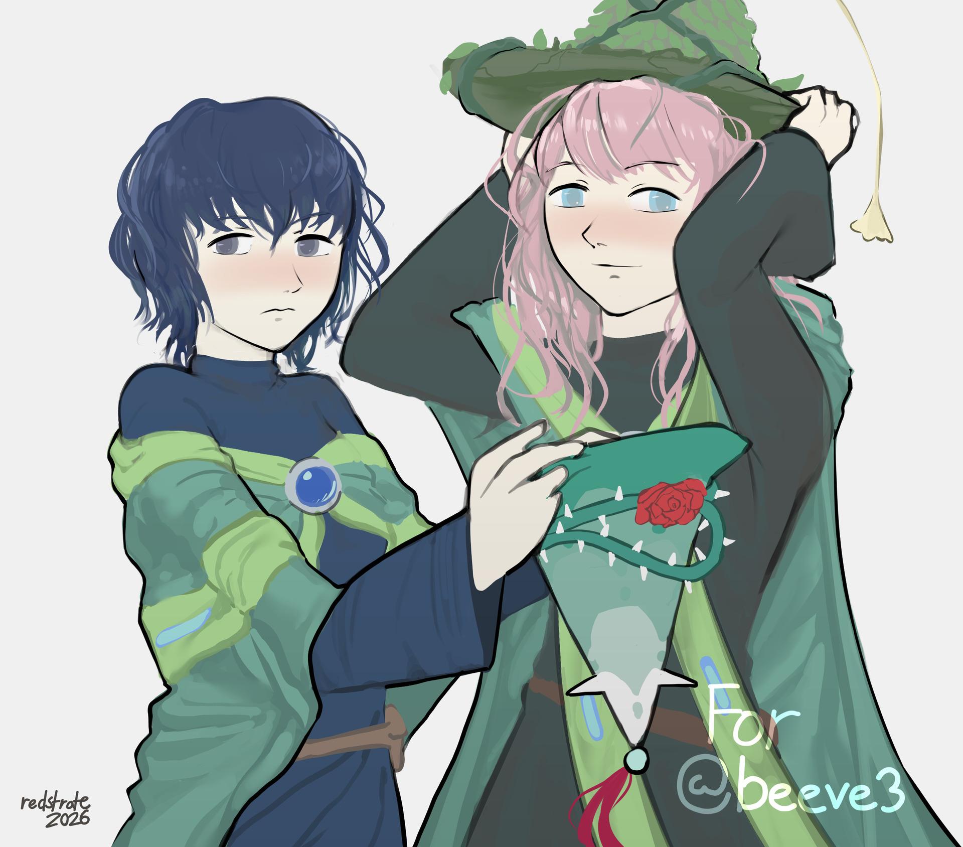 Drawing of two witches: Atwia on the left and Illudia on the right. They're both wearing green robes tied with a marbled pendant and carrying two hats. Atwia is holding her hat in front of herself, which consists of stacked green colors and carries a thorned rose. Atwia has short wavy curly black hair. Illudia is holding her hat to her head, made up of mostly nature like leaves and vines. She has medium-length curly hair.