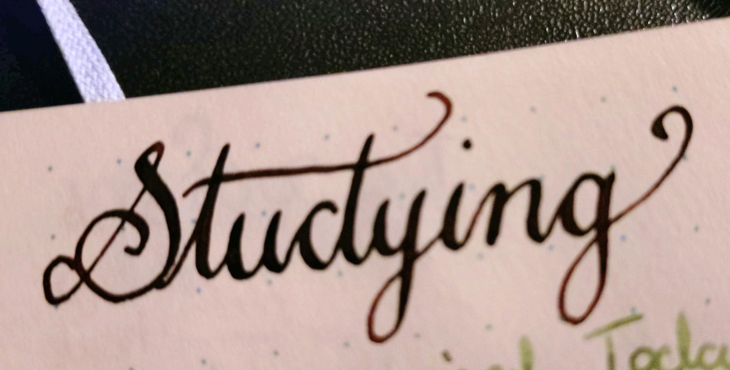 handwriting "Studying" in cursive with a pressure sensitive pen in brown ink on dotted paper
