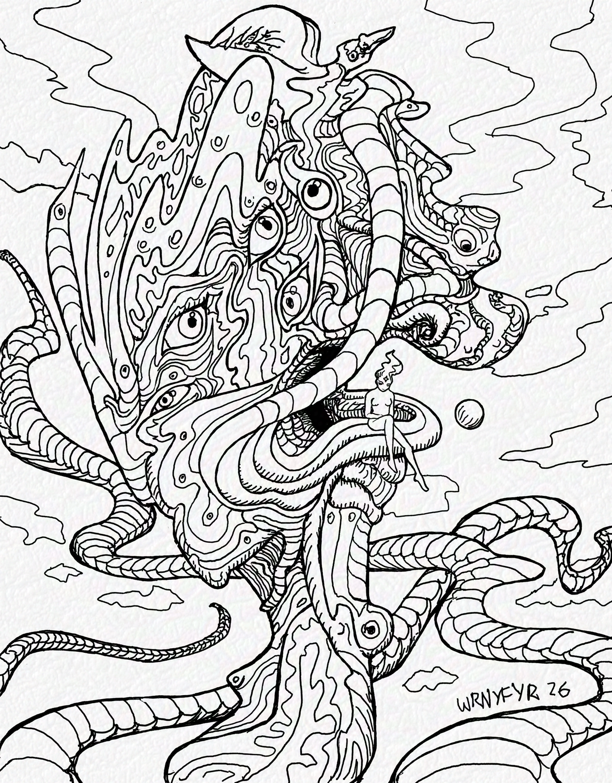 A small humanoid sits contemplatively on the lip of a surreal structure of winding tendrils and eyes