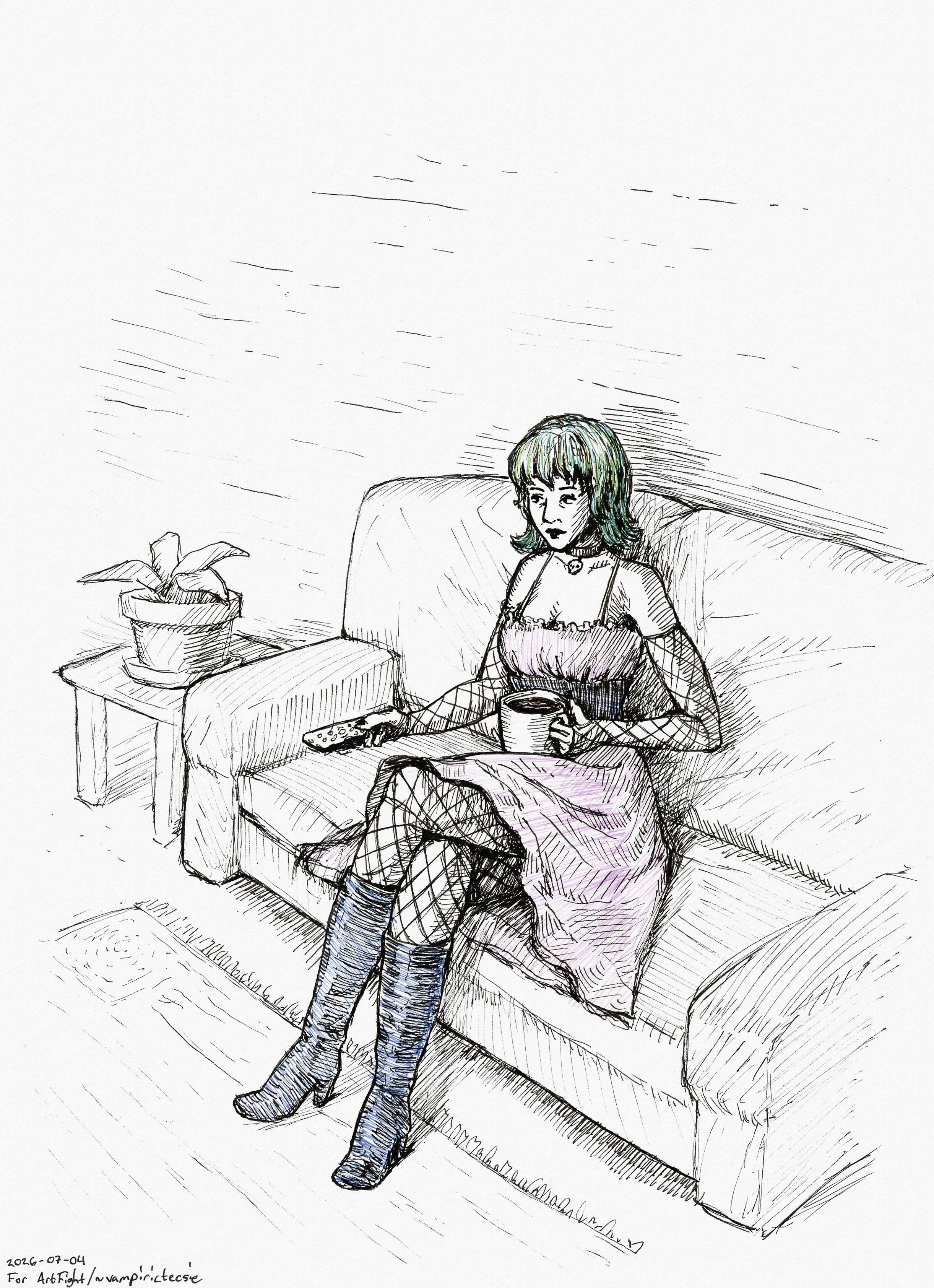 Ink drawing of a turquoise-haired woman sitting on a sofa with a comically large cup of coffee and a TV remote in her hands. She's wearing a frilly pink dress with a corset, boots with heels, and fishnet sleeves and stockings. Drawn with a fineliner ink pen, roughly shaded with hatching.