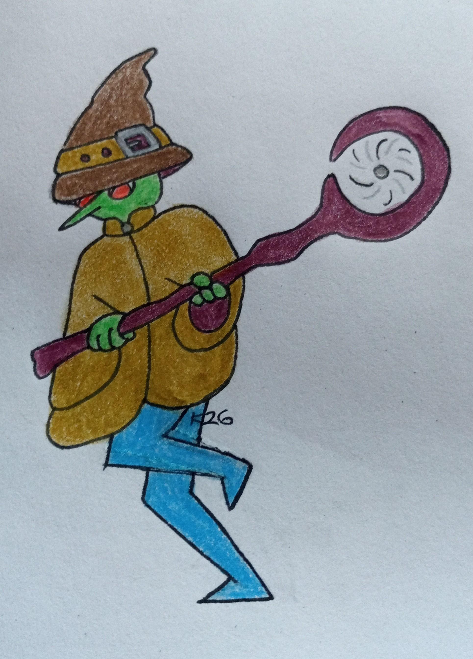 Cartoon style drawing of a small green goblin, with a pointy nose and orange eyes wearing a cloak and a pointy hat, is running with a wooden staff with a magical circle in the middle.