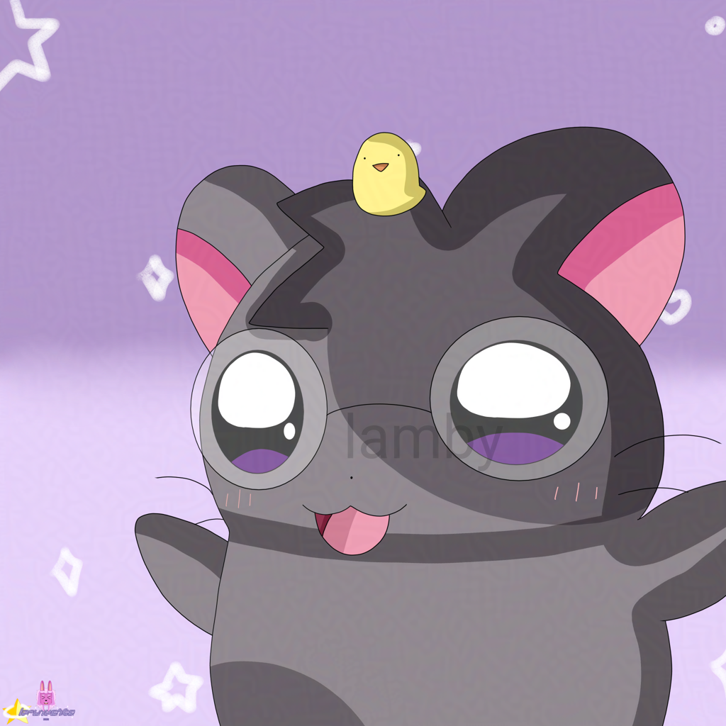 A drawing of a small gray hamster with darker gray markings on her body, wears round glasses, has purple/black eyes. Has a small yellow chicken sitting on the head.
