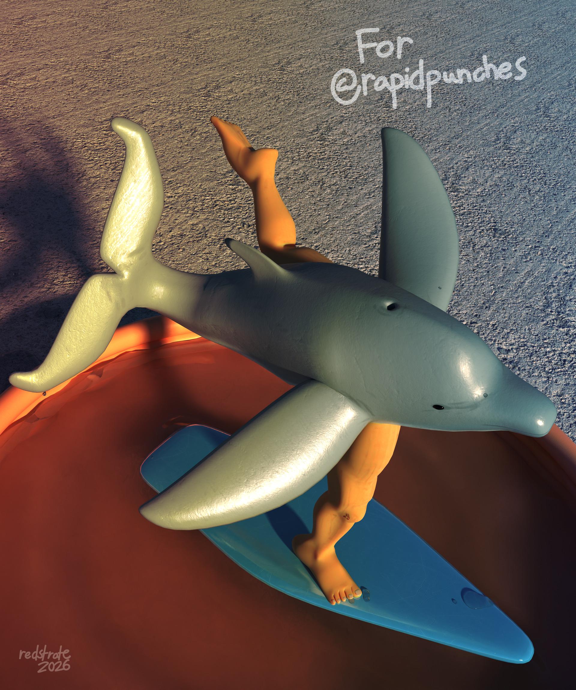 3D Model of "Dolphinlegs", a dolphin with a pair of surprisingly gracious yet defined human legs. He is situated on a small water board posing with grace only a watery mammal can muster, yet his power is contained in an orange kid's swimming pool. Dare you not interrupt his practice.