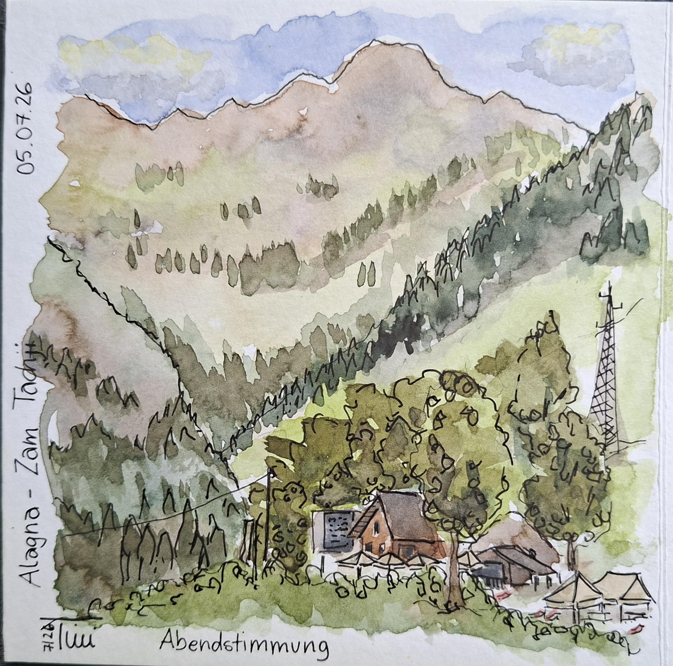 Die Aquarellzeichnung zeigt einen bewaldeten Taleinschnitt. Vor einem Gebäude stehen mehrere aufgespannte Sonnenschirme, dahinter sind Laubbäume und ein Strommast. Im Hintergrund ist ein Höhenzug, der noch etwas von der Sonne erhellt wird.