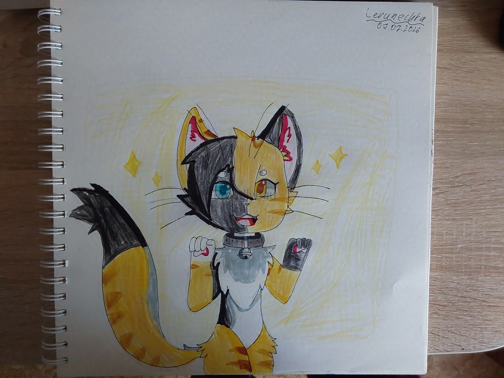 A traditional drawing of a dual colored (black and orange) cat with heterochromia (blue and yellow) eyes, has white neck fluff and belly, wears gray collar with bell on it.