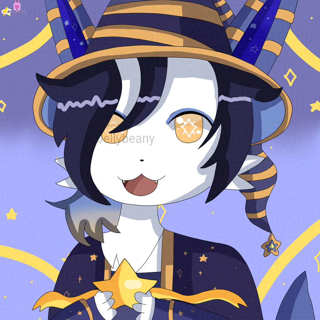 A drawing of a white rabbit-resembling animal, has yellow eyes with symbols (star and diamond) on them, dark blue hair, wears dark blue witch hat with yellow ribbons on it, dark blue poncho and shirt. She holds yellow star.
