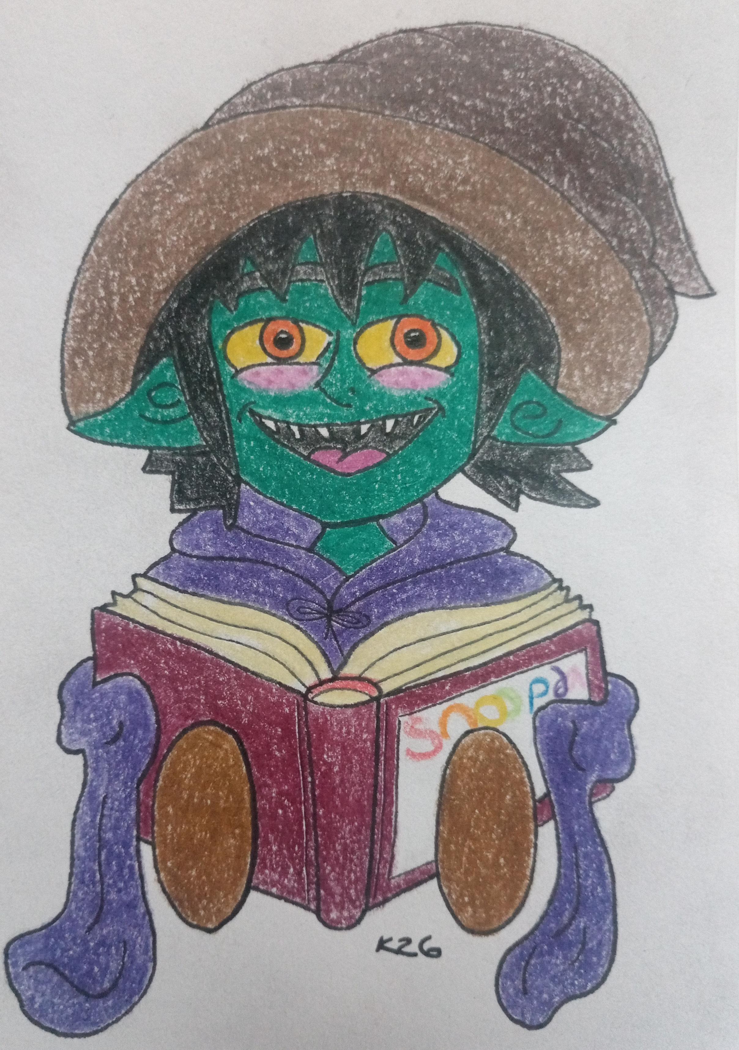 Cartoon style drawing of a happy and beaming toddler aged goblin in an oversized hat, cloak and shoes is sat reading from a large spell book.