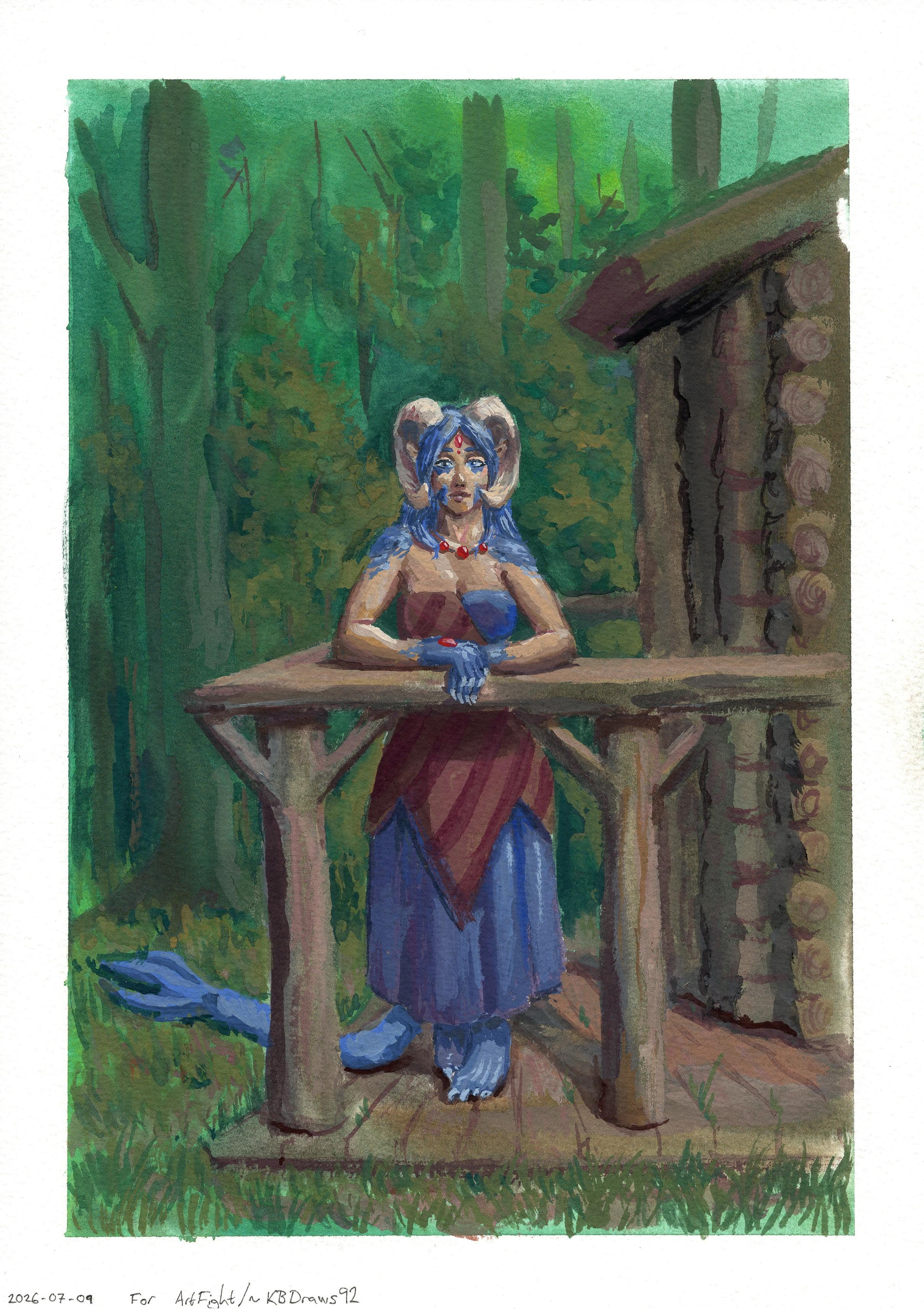 Gouache painting of Mirana, a dragon lady in human form with large curved horns and blue scales on her skin, standing on the deck of a log cabin in a wooded valley. She's wearing a two-layered blue and brown dress and leaning on a railing looking towards us, surrounded by grass and trees. It's a calm day, sunny but not blazing.